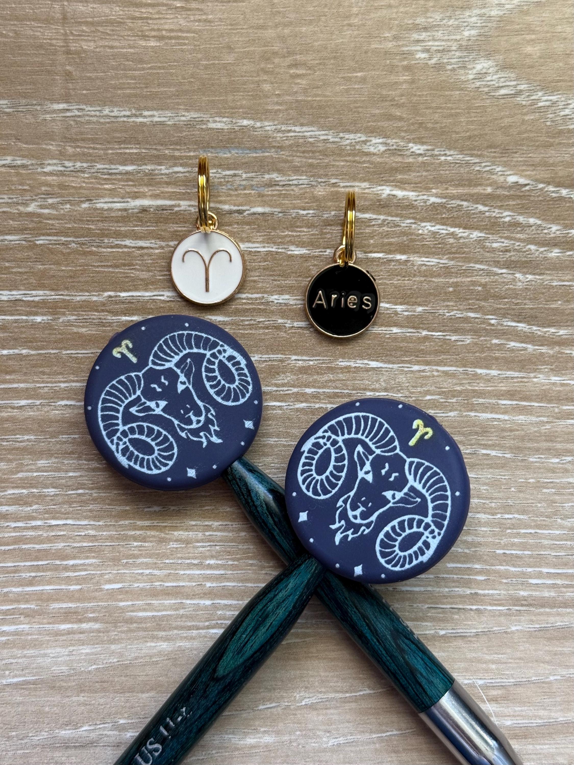 Stitch stopper and stitch marker set for knitting needles, zodiac signs, Gemini, Libra, Scorpio, Aries, cancer, Leo