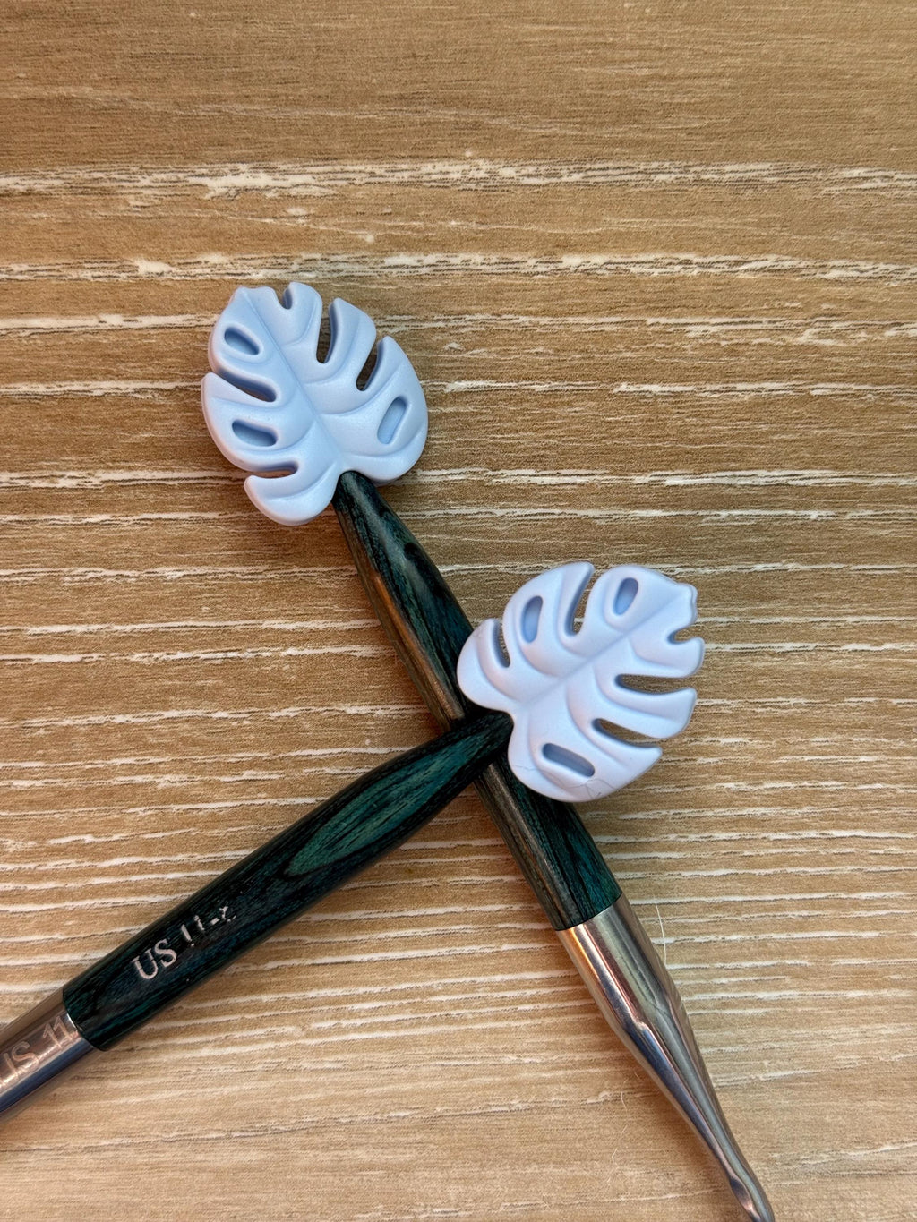 Needle stoppers for knitting needles, leaves, mint, green, lime green, grey, sage