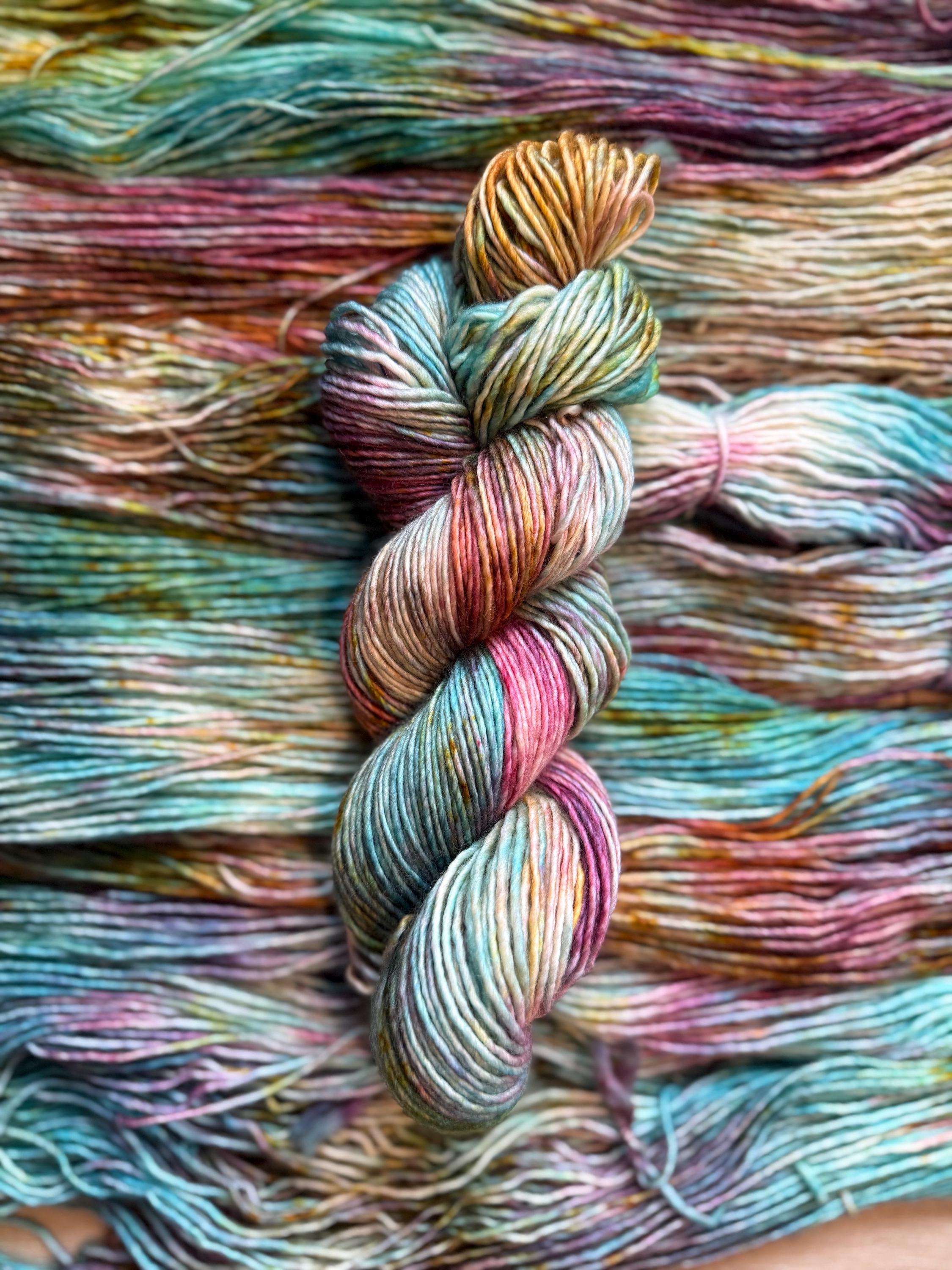 Peacock dyed (worsted/aran) merino wool, superwash yarn, teal purple gold, hank of yarn , for knit crochet