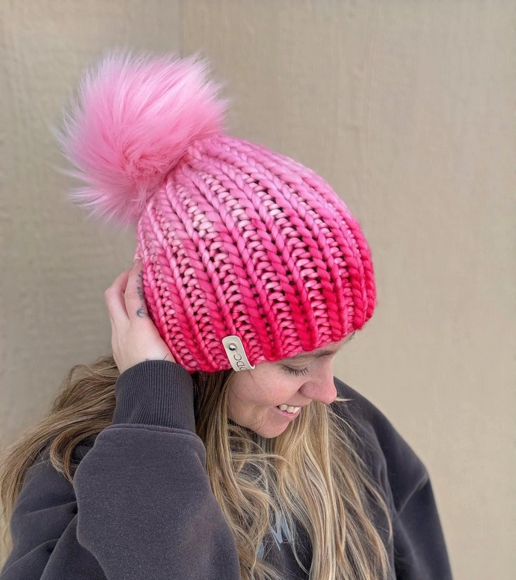 Pink knit luxury beanie, adult beanie, hat, winter toque, merino wool, adult medium, for her, handmade, gift light to dark