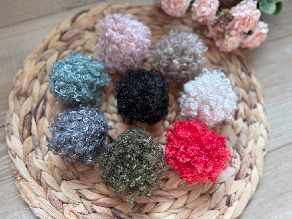 Crinkle faux fur Pom Pom, soft, holiday, small, fluffy, pre made, tie on, cotton string, for beanies, scarves 4 inch
