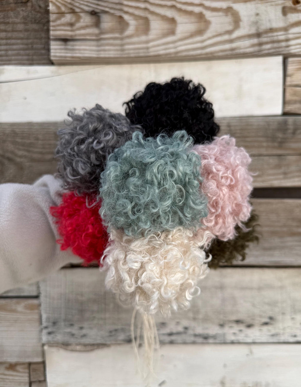 Crinkle faux fur Pom Pom, soft, holiday, small, fluffy, pre made, tie on, cotton string, for beanies, scarves 4 inch