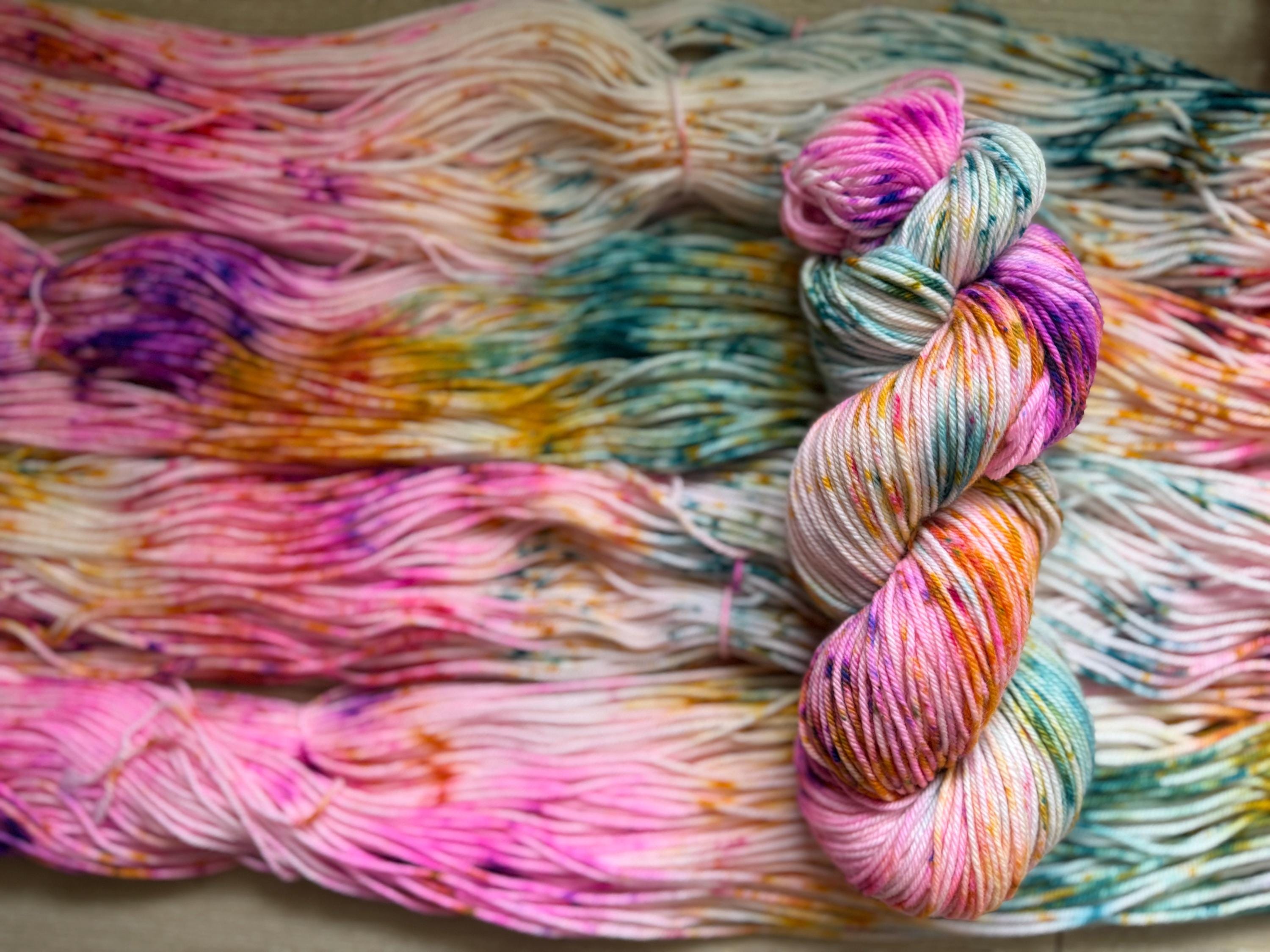 May flowers hand dyed DK merino wool nylon blend superwash yarn, hank of yarn , for knit crochet, 4 ply