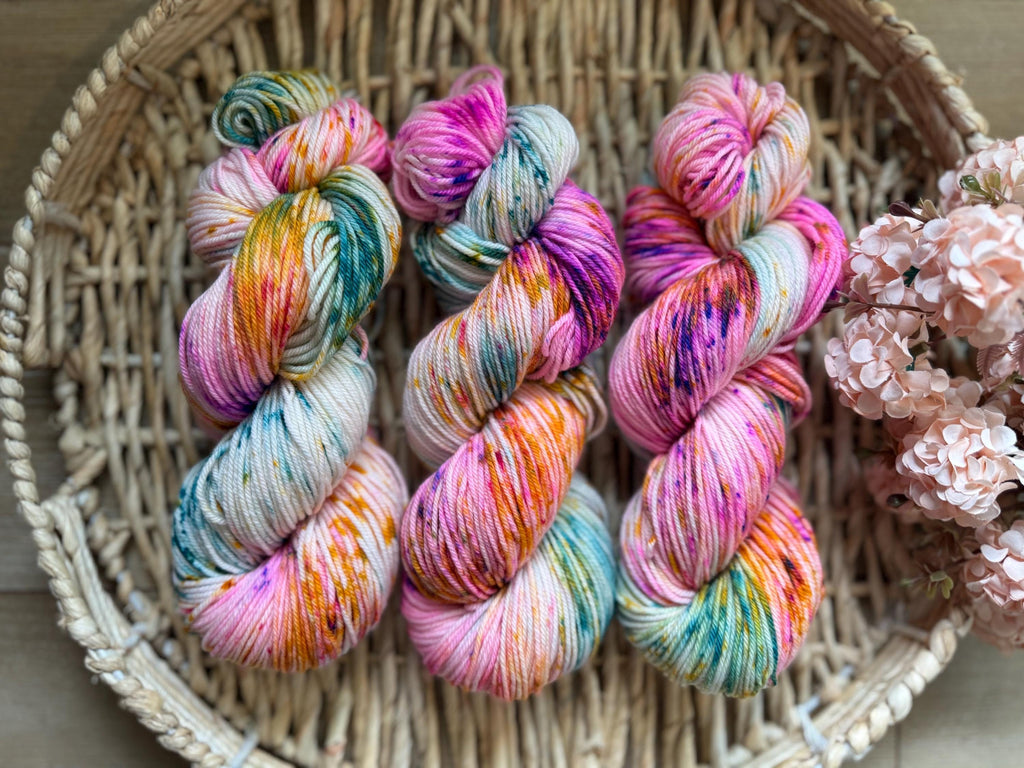 May flowers hand dyed DK merino wool nylon blend superwash yarn, hank of yarn , for knit crochet, 4 ply