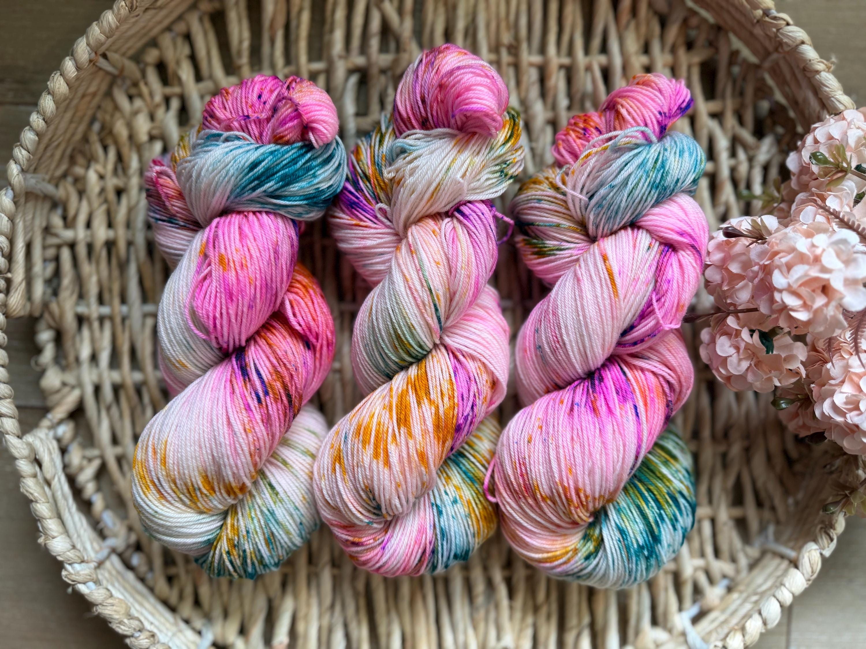 May flowers hand dyed Sock/Fingering merino wool nylon blend superwash yarn, hank of yarn , for knit crochet, 4 ply