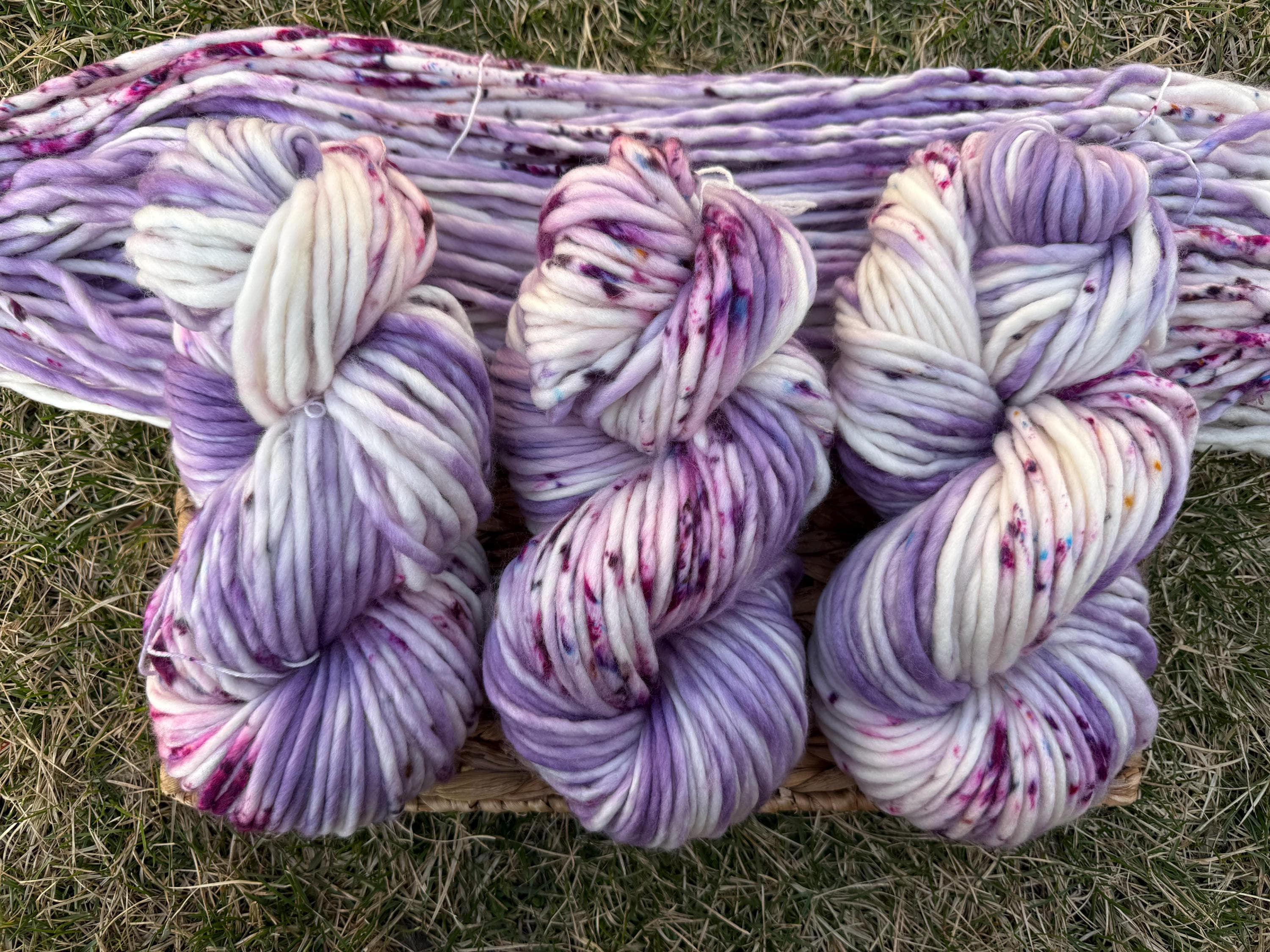 Wisteria lane hand dyed super bulky merino wool, size 6 purple, speckled, solid, multicolor, indie dye, superwash spring colorway
