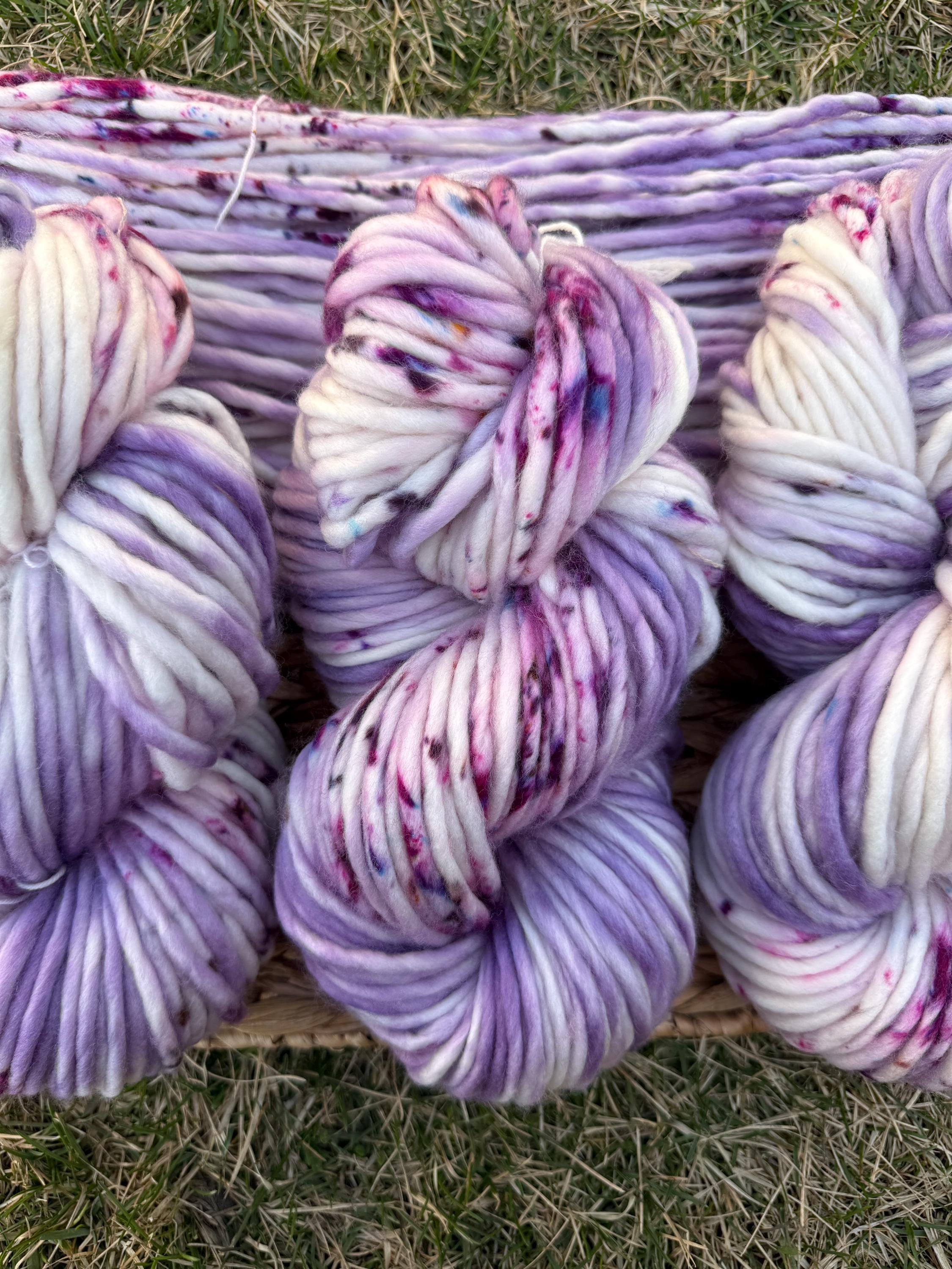 Wisteria lane hand dyed super bulky merino wool, size 6 purple, speckled, solid, multicolor, indie dye, superwash spring colorway