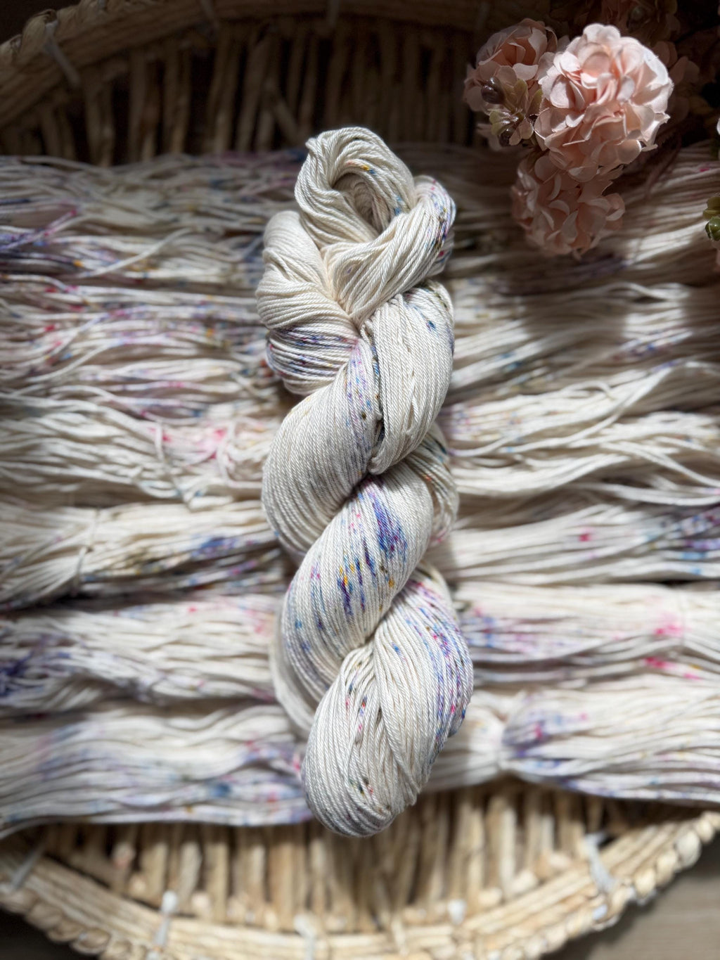 Wildflower dust hand dyed Sock/Fingering cotton yarn, hank of yarn , for knit, crochet, speckled