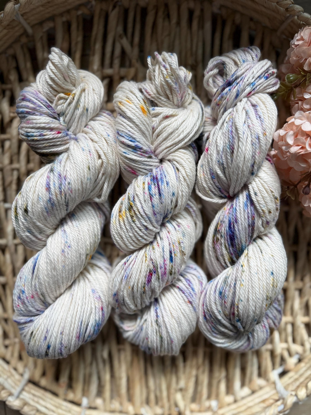 Wildflower dust hand dyed worsted cotton yarn, hank of yarn , for knit, crochet, speckled