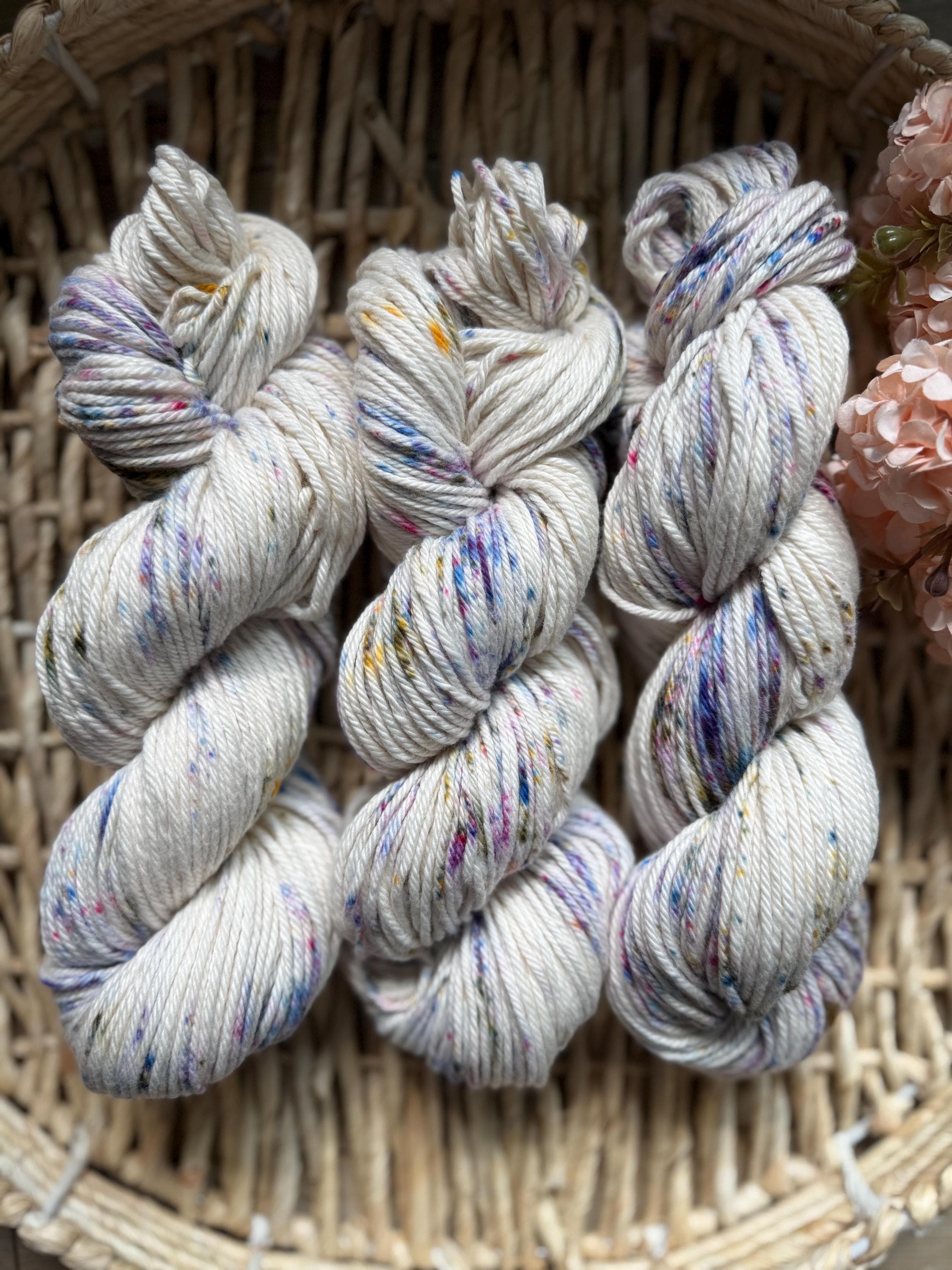 Wildflower dust hand dyed worsted cotton yarn, hank of yarn , for knit, crochet, speckled