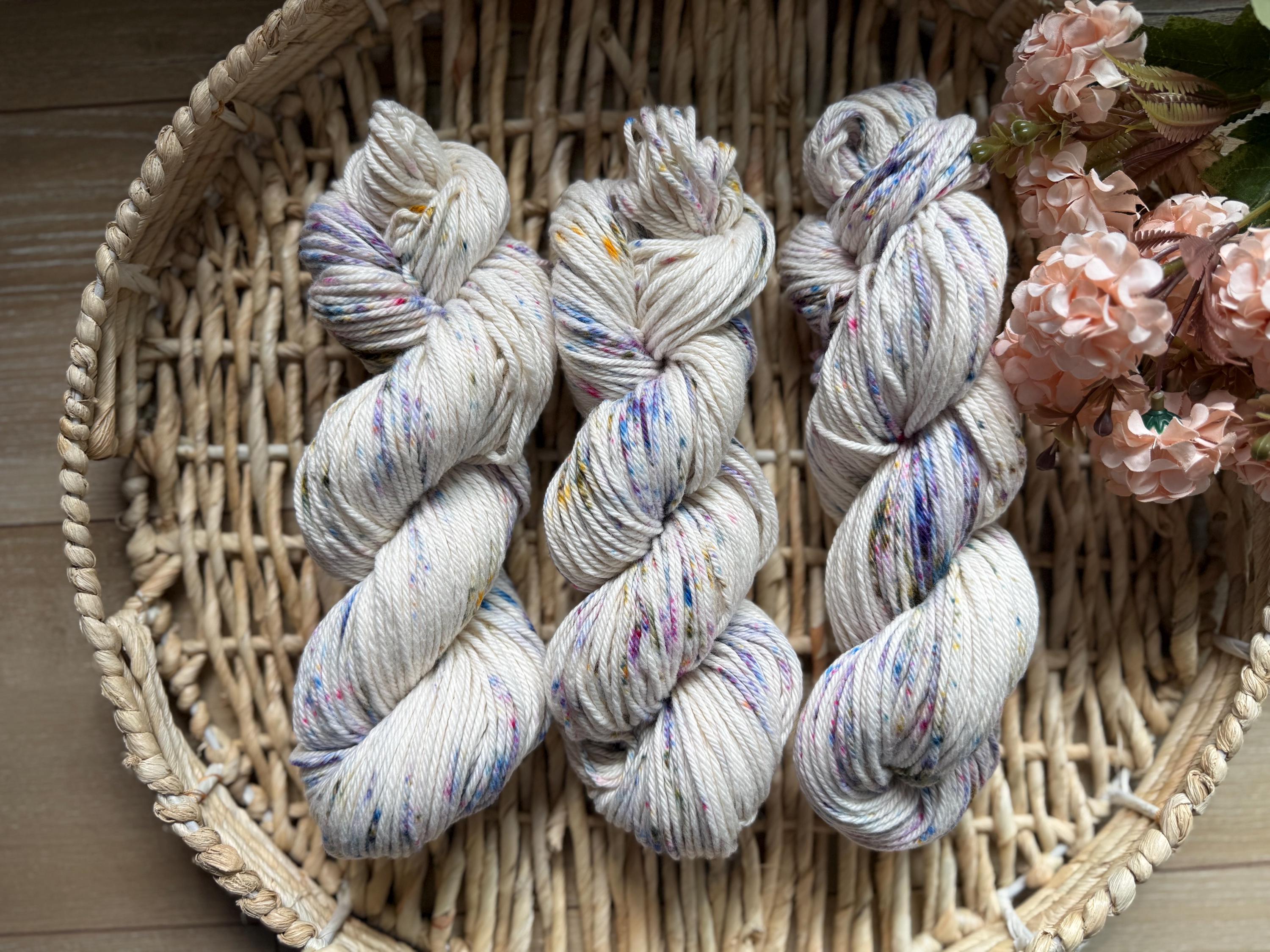 Wildflower dust hand dyed worsted cotton yarn, hank of yarn , for knit, crochet, speckled