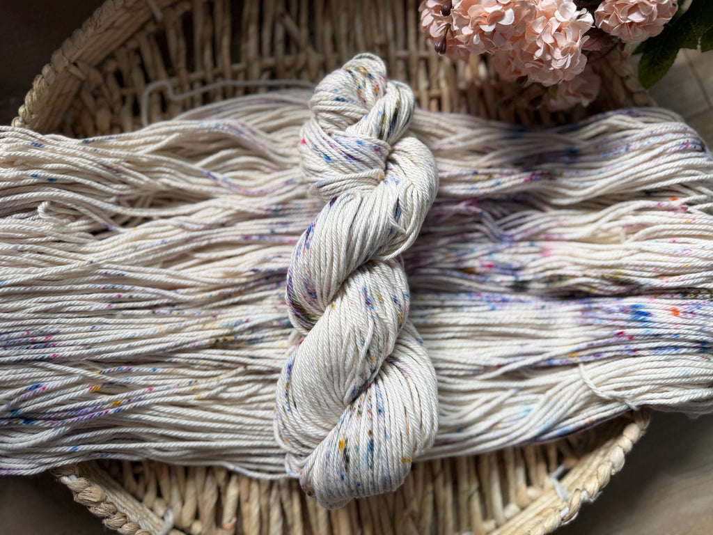 Wildflower dust hand dyed worsted cotton yarn, hank of yarn , for knit, crochet, speckled