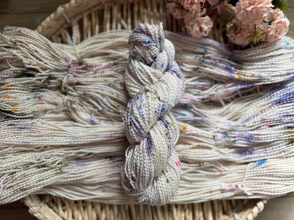 Wildflower dust hand dyed worsted boucle cotton yarn, hank of yarn , for knit, crochet, speckled