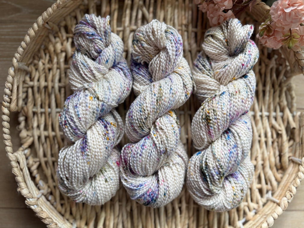 Wildflower dust hand dyed worsted boucle cotton yarn, hank of yarn , for knit, crochet, speckled