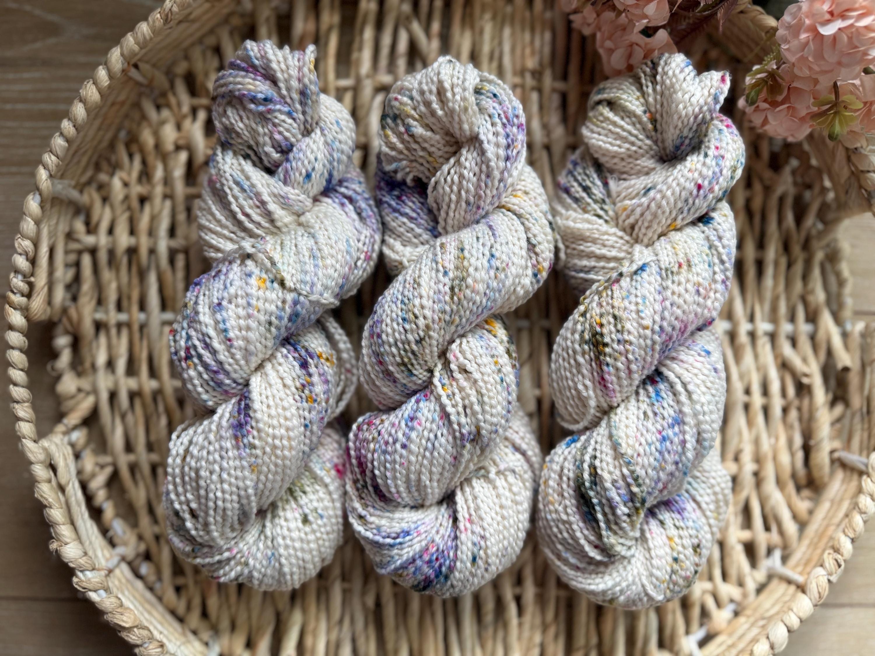 Wildflower dust hand dyed worsted boucle cotton yarn, hank of yarn , for knit, crochet, speckled