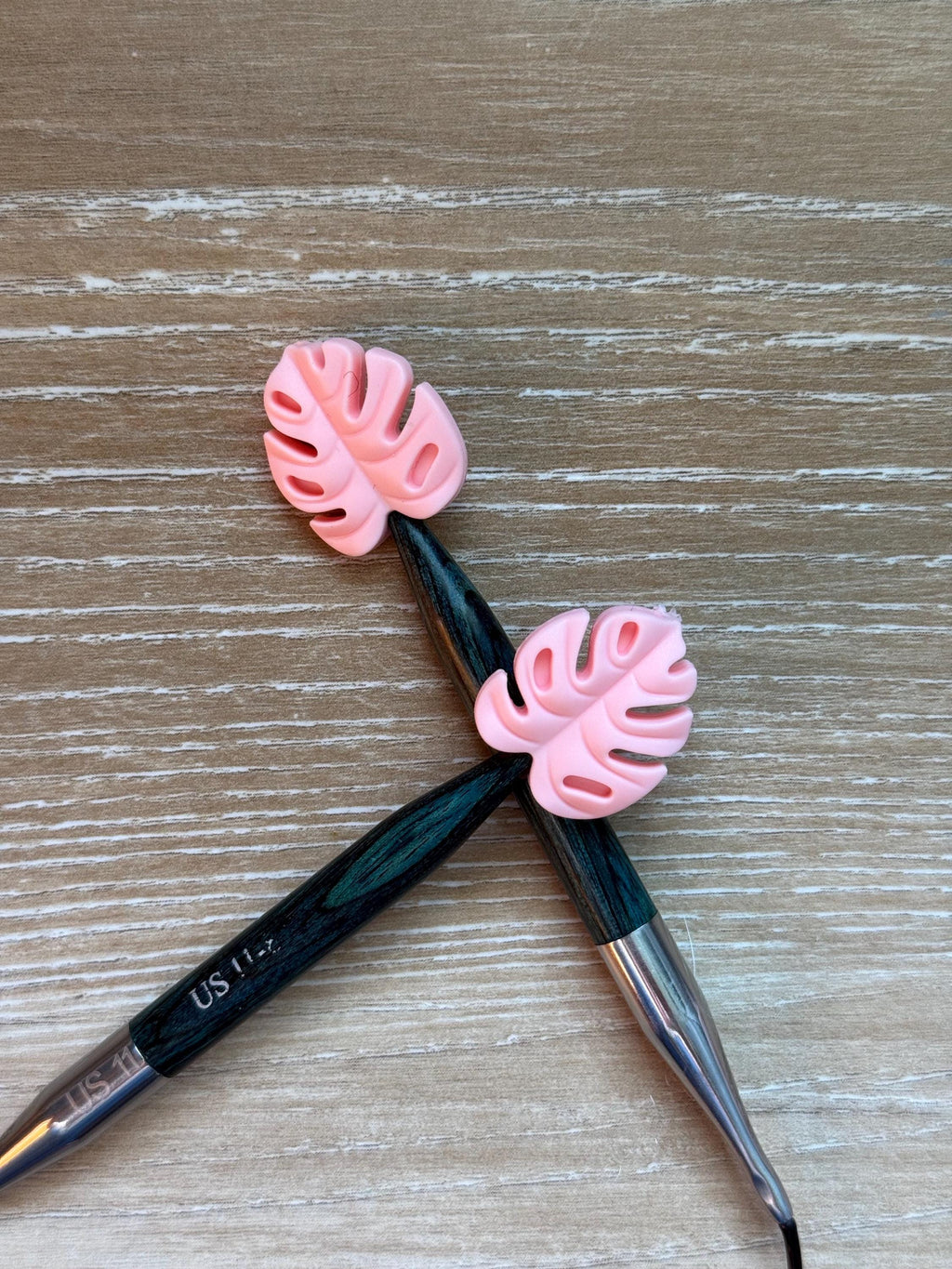 Needle stoppers for knitting needles, leaves, mint, green, lime green, grey, sage