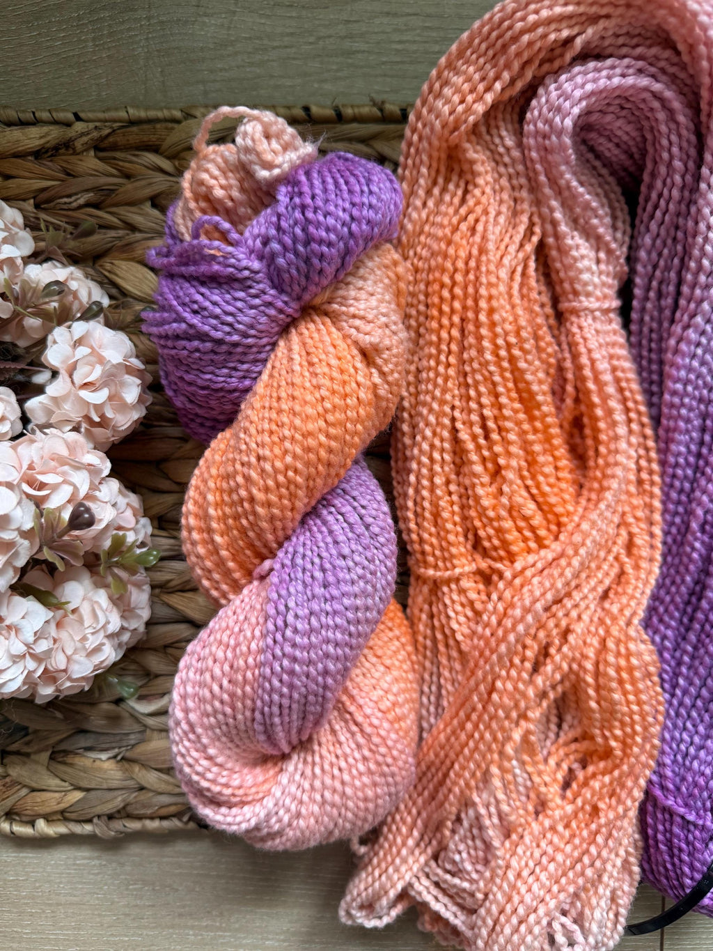 Astral hand dyed worsted boucle cotton yarn, hank of yarn , for knit, crochet, speckled, orange purple