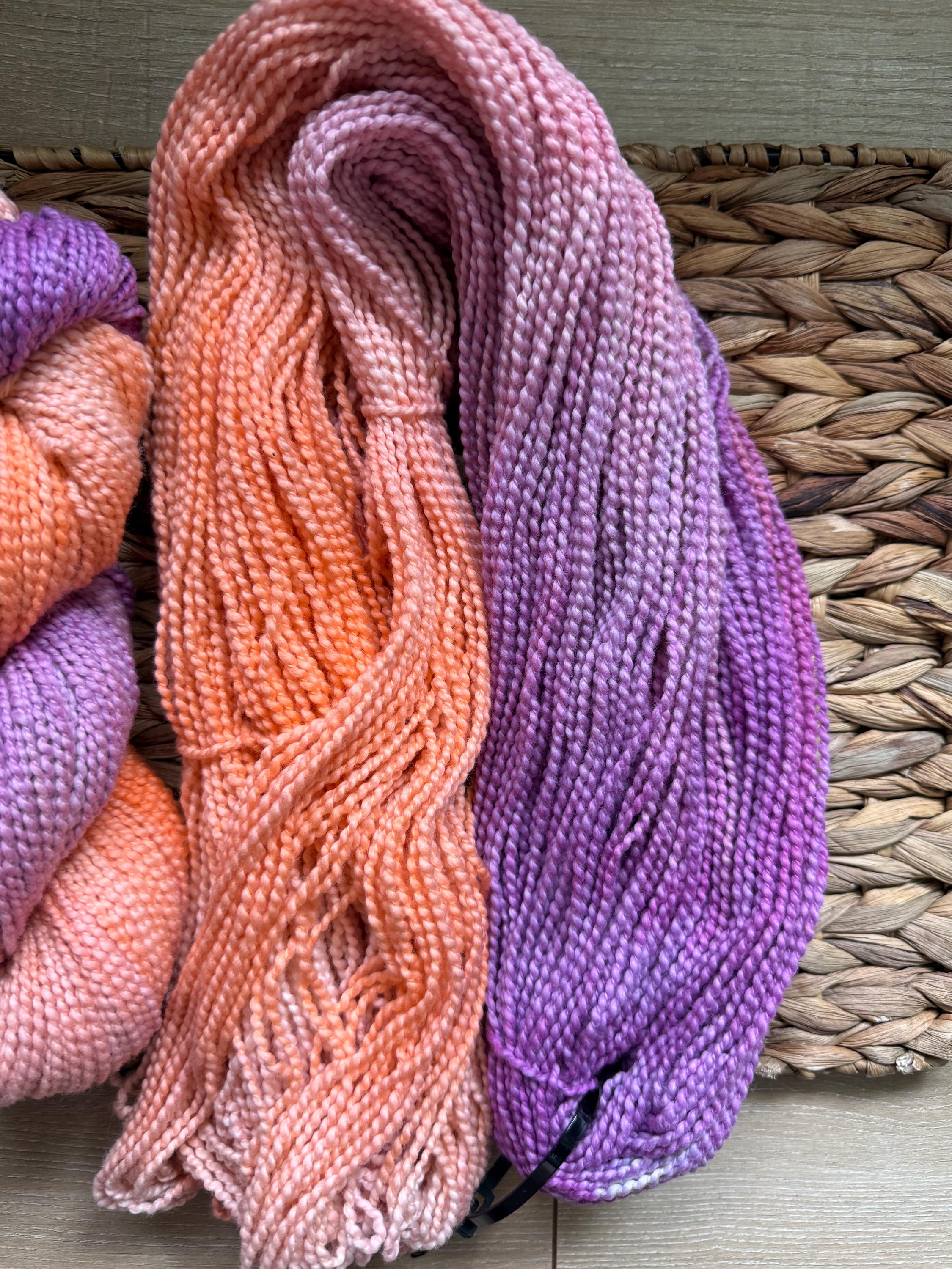 Astral hand dyed worsted boucle cotton yarn, hank of yarn , for knit, crochet, speckled, orange purple