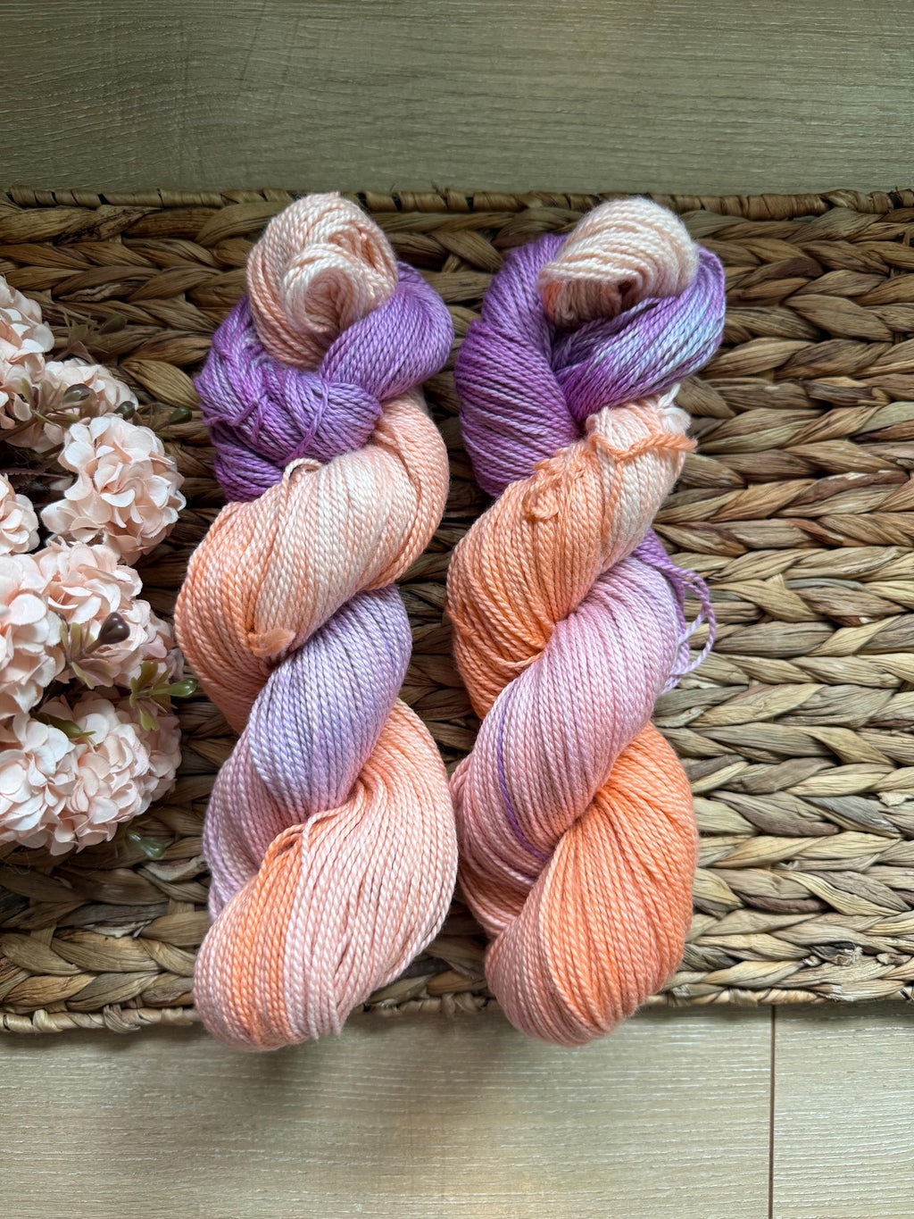 Astral hand dyed DK prima cotton yarn, hank of yarn , for knit, crochet, speckled purple orange