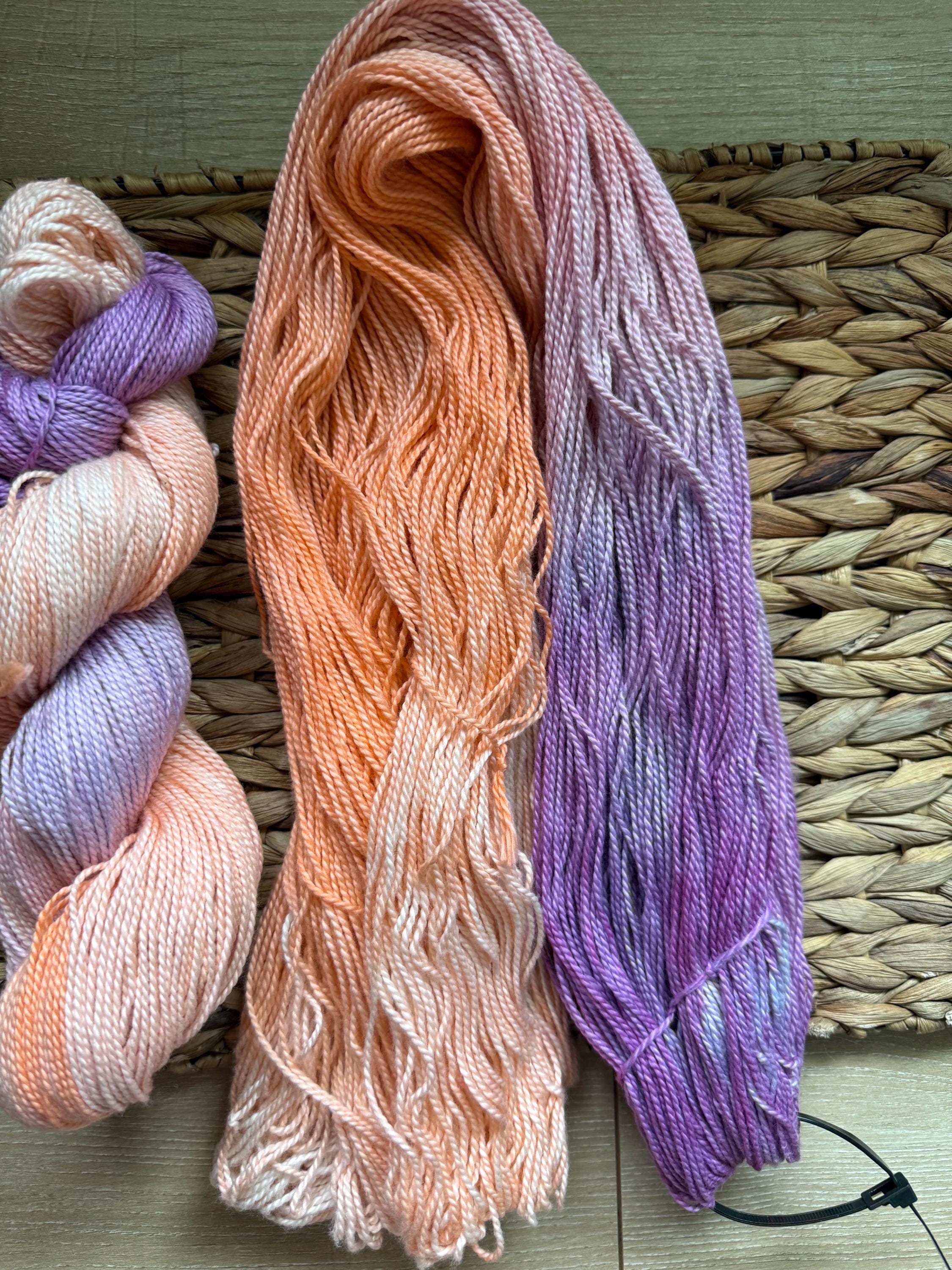 Astral hand dyed DK prima cotton yarn, hank of yarn , for knit, crochet, speckled purple orange