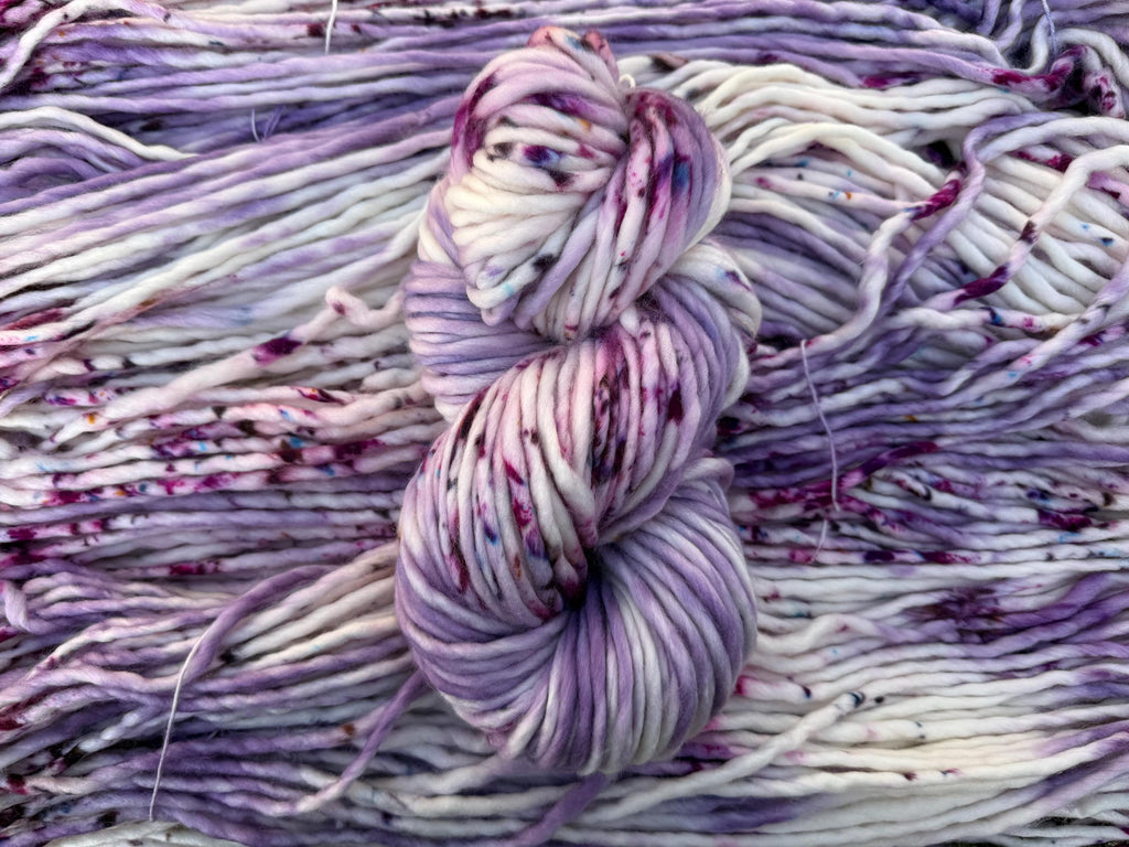 Wisteria lane hand dyed super bulky merino wool, size 6 purple, speckled, solid, multicolor, indie dye, superwash spring colorway