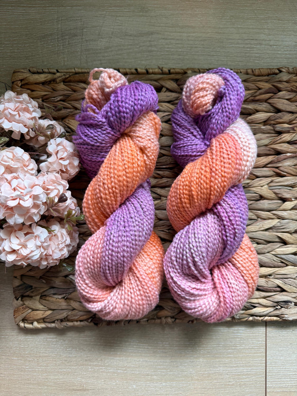 Astral hand dyed worsted boucle cotton yarn, hank of yarn , for knit, crochet, speckled, orange purple