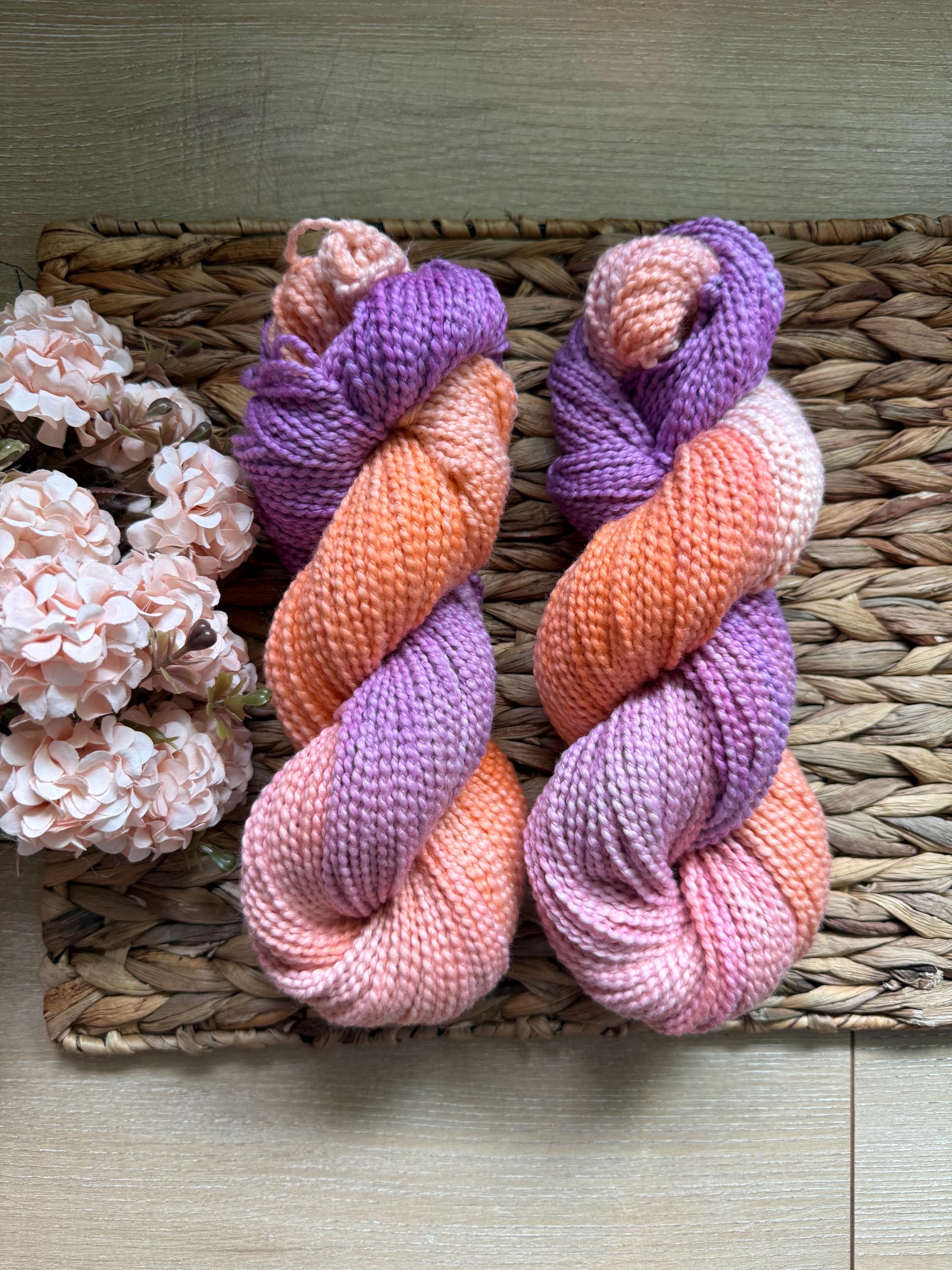 Astral hand dyed worsted boucle cotton yarn, hank of yarn , for knit, crochet, speckled, orange purple