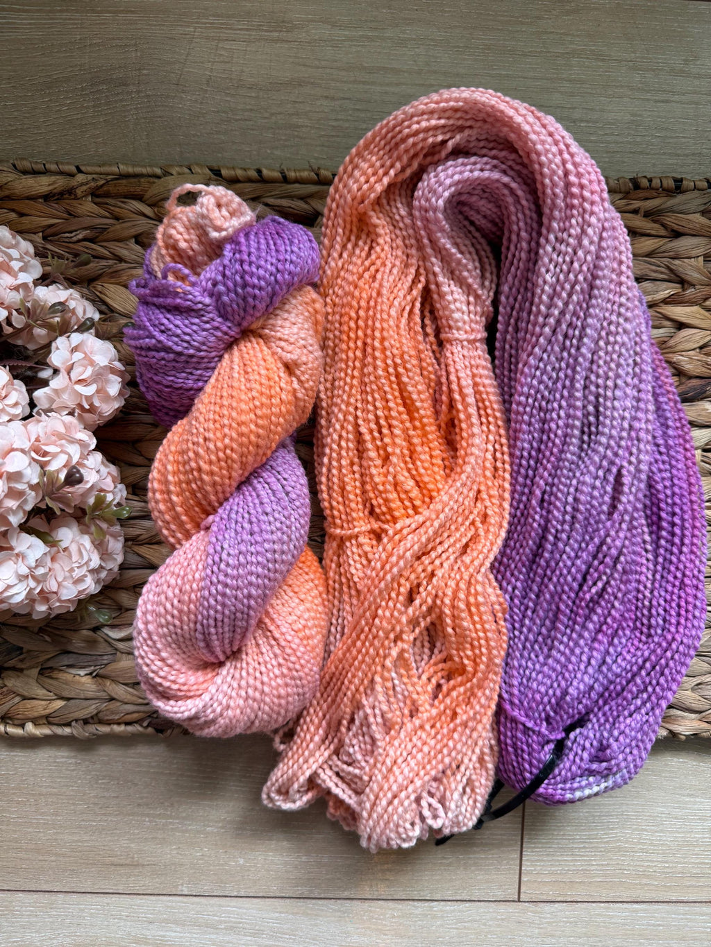 Astral hand dyed worsted boucle cotton yarn, hank of yarn , for knit, crochet, speckled, orange purple