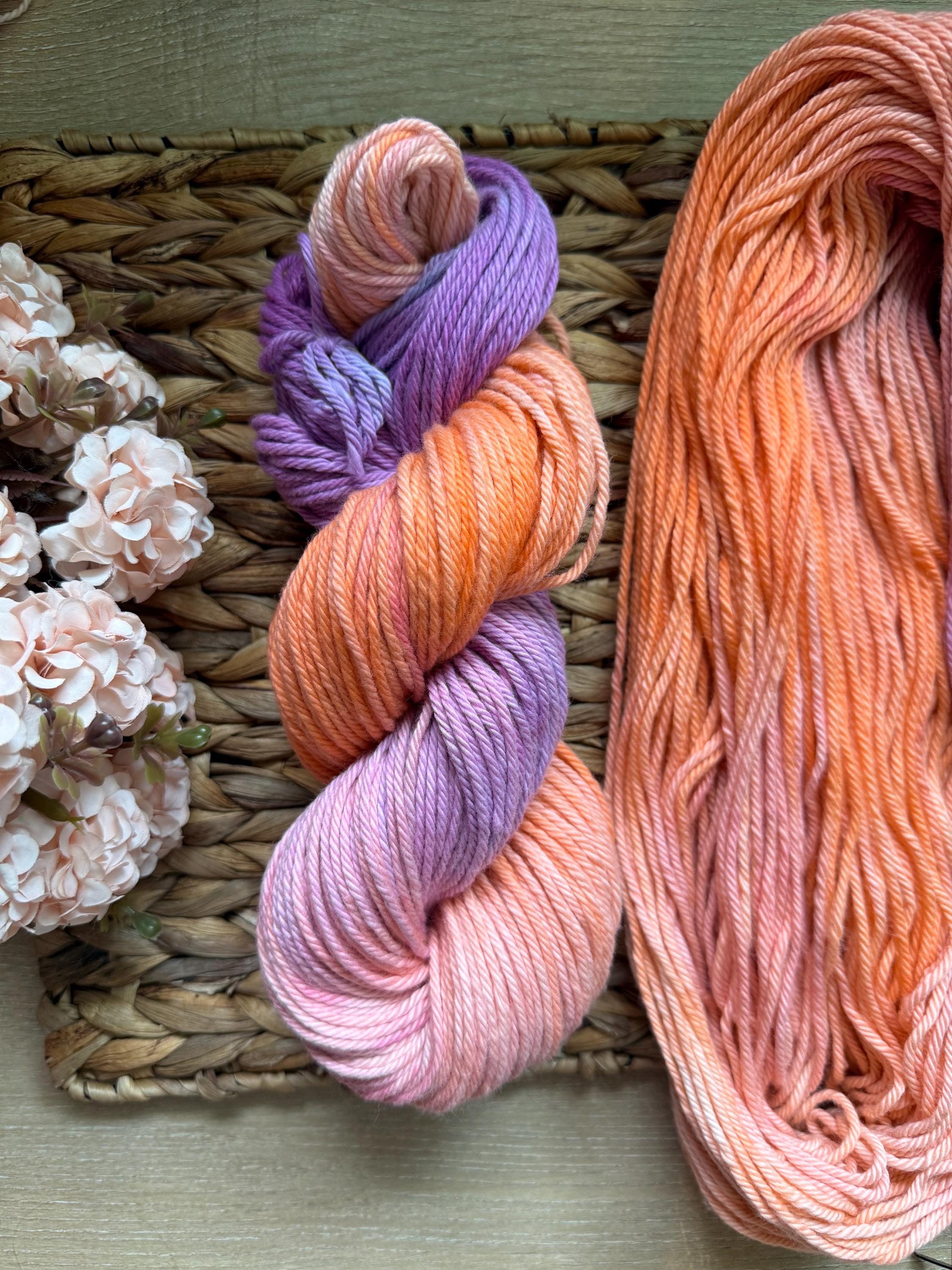 Astral hand dyed worsted cotton yarn, hank of yarn , for knit, crochet, speckled orange purple