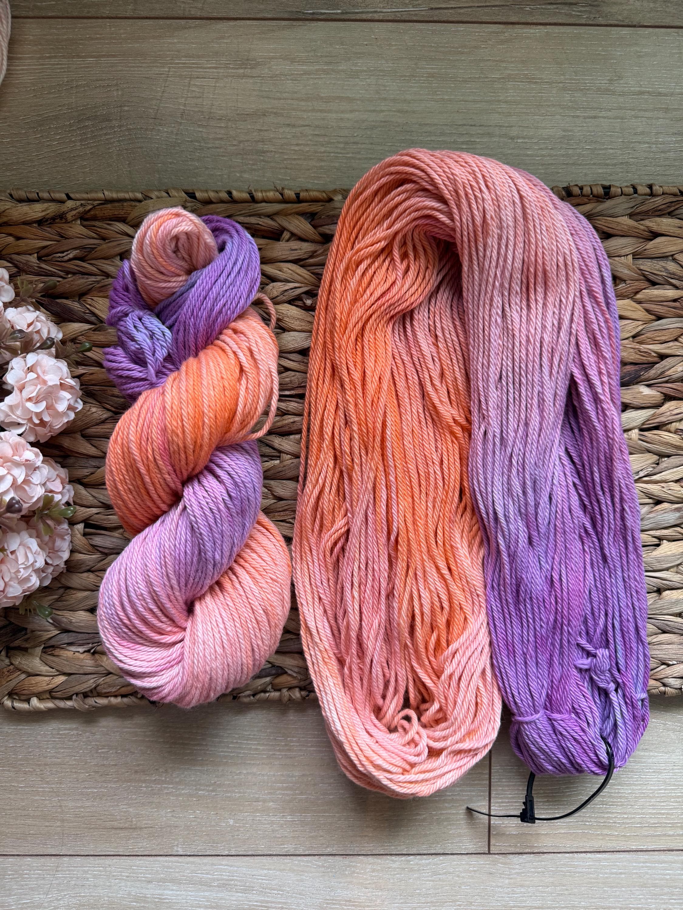 Astral hand dyed worsted cotton yarn, hank of yarn , for knit, crochet, speckled orange purple