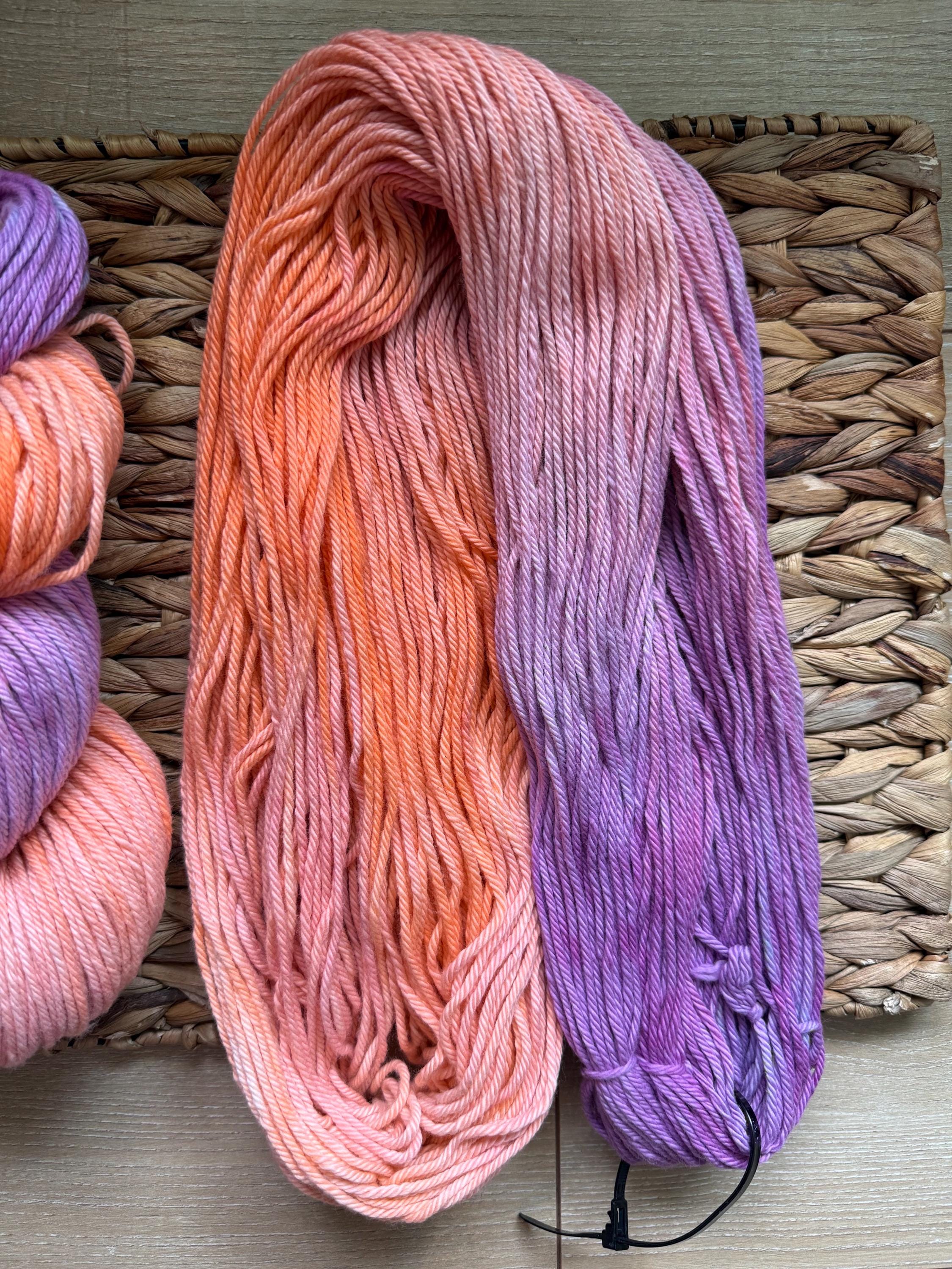 Astral hand dyed worsted cotton yarn, hank of yarn , for knit, crochet, speckled orange purple