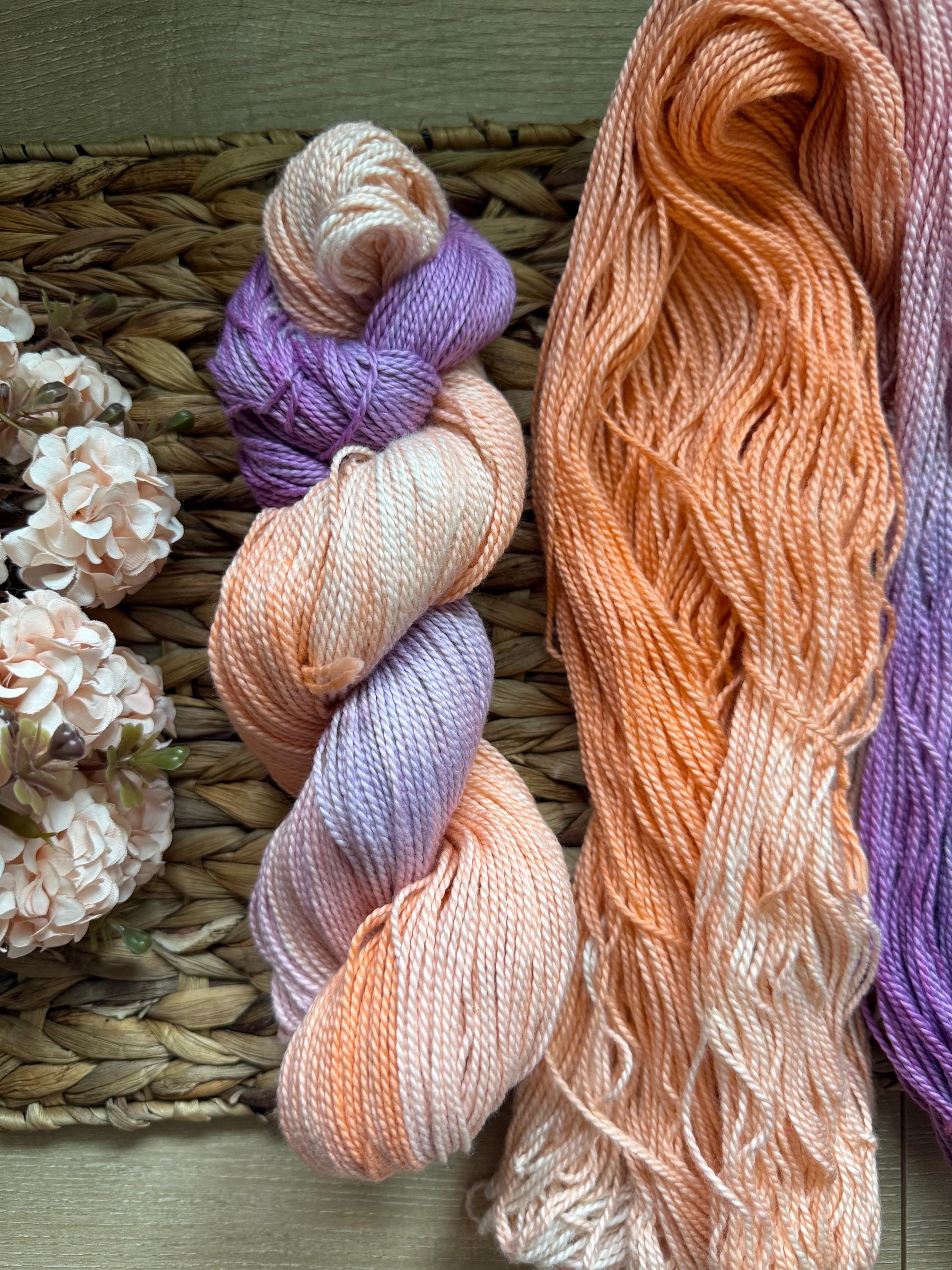 Astral hand dyed DK prima cotton yarn, hank of yarn , for knit, crochet, speckled purple orange