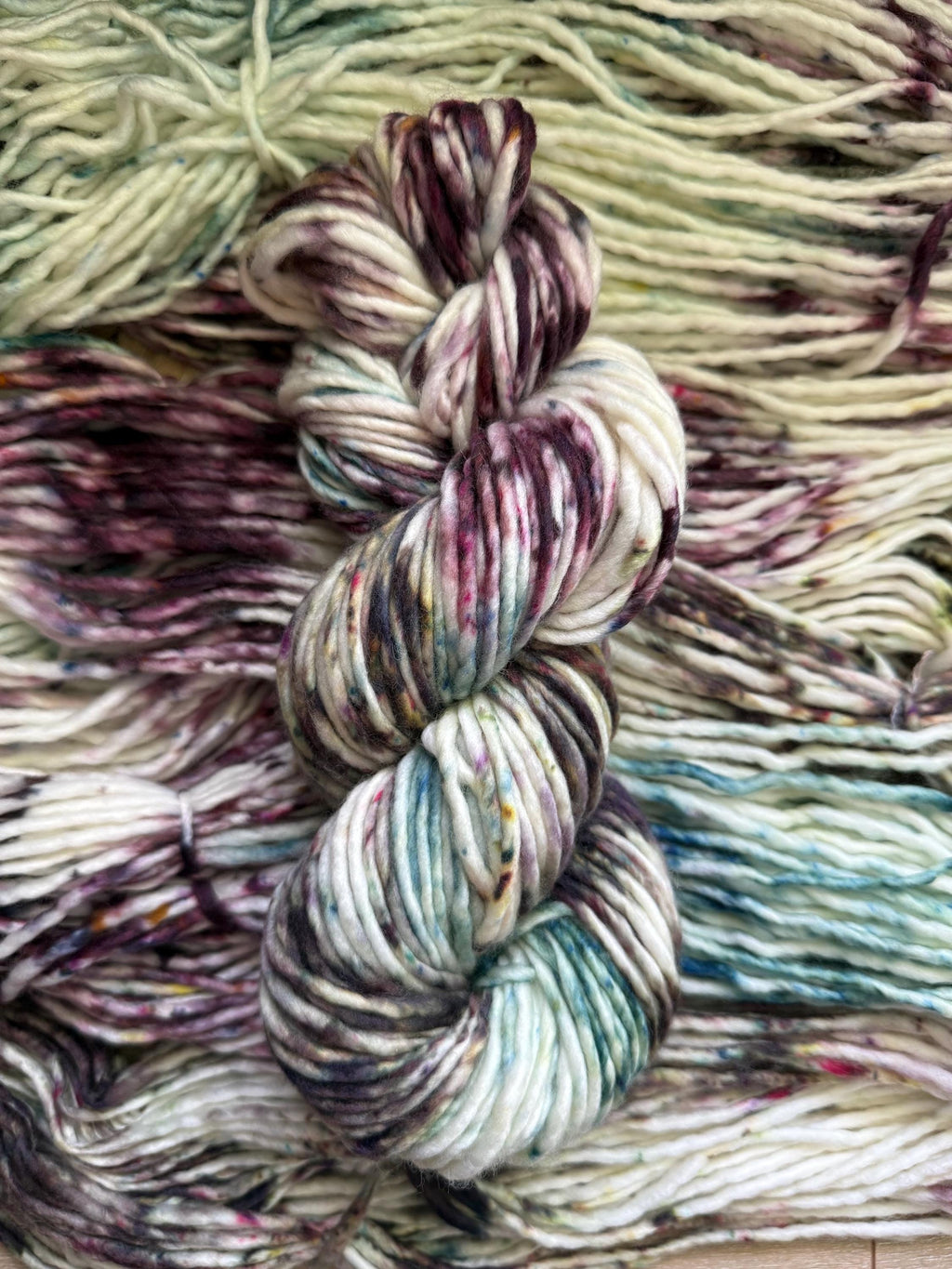 Wild thistle light bulky hand dyed bulky merino wool, 109 yard, 5 weight, semi solid, multicolor, indie dye, superwash