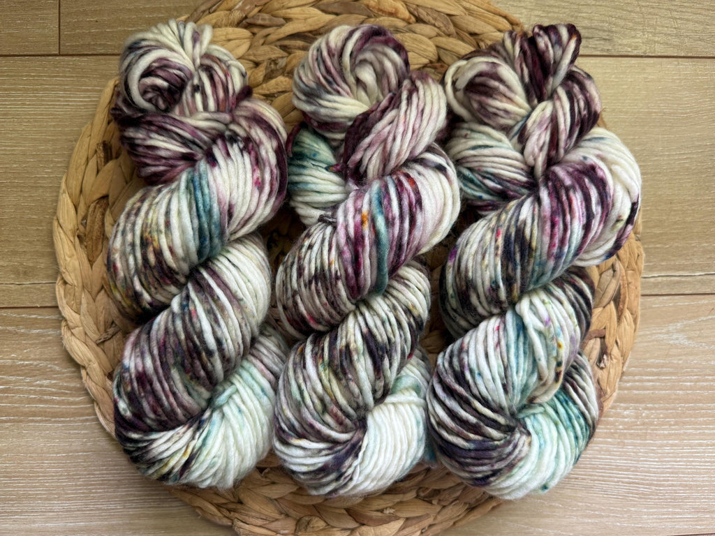 Wild thistle light bulky hand dyed bulky merino wool, 109 yard, 5 weight, semi solid, multicolor, indie dye, superwash