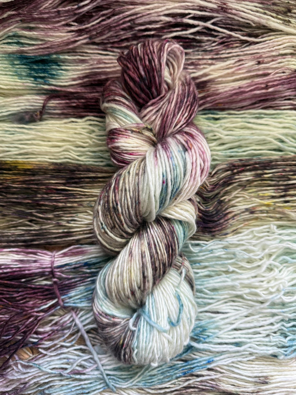 Wild thistle hand dyed yarn (worsted/aran) merino wool, superwash yarn, teal purple gold, hank of yarn , for knit crochet