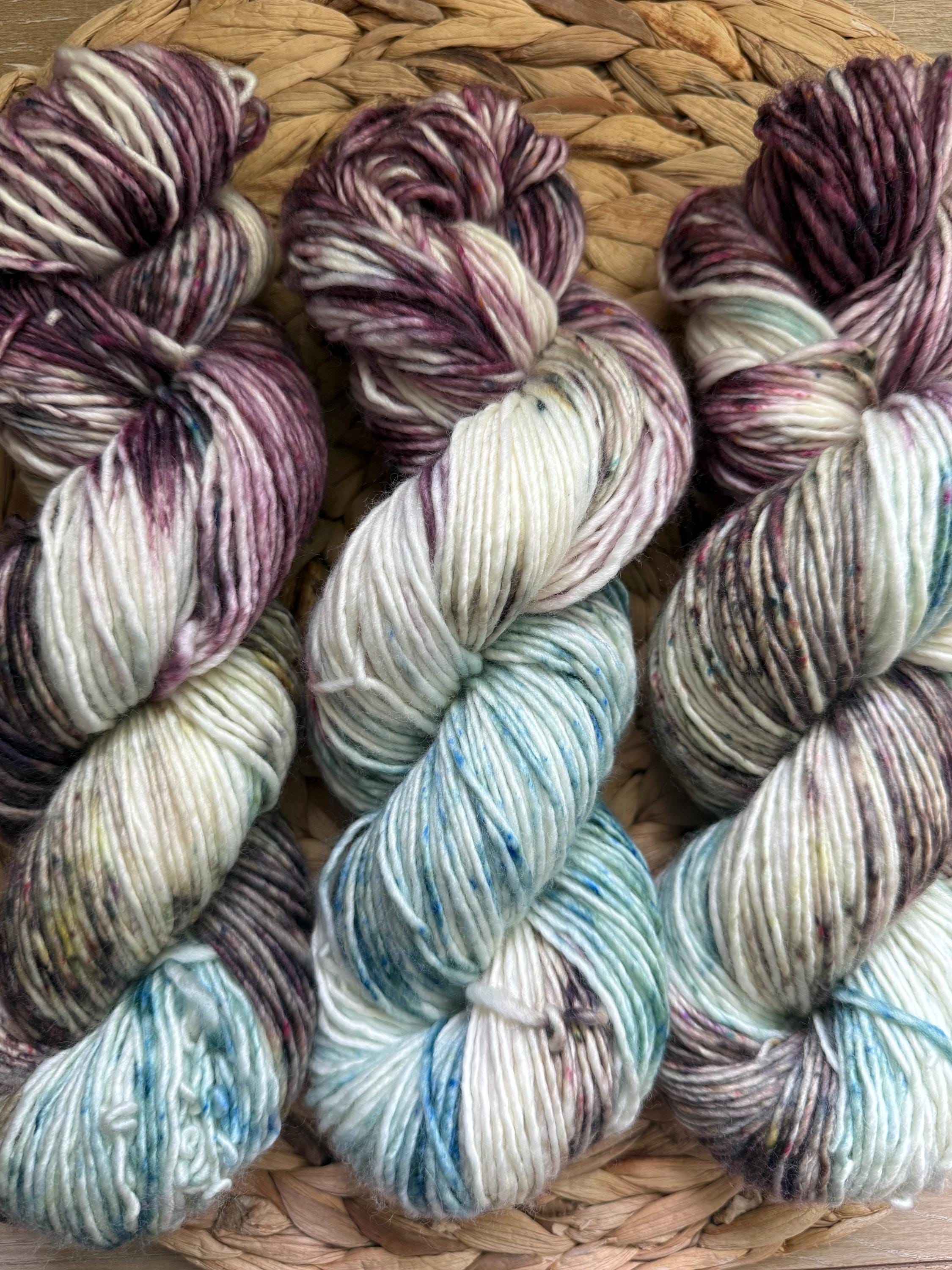 Wild thistle hand dyed yarn (worsted/aran) merino wool, superwash yarn, teal purple gold, hank of yarn , for knit crochet