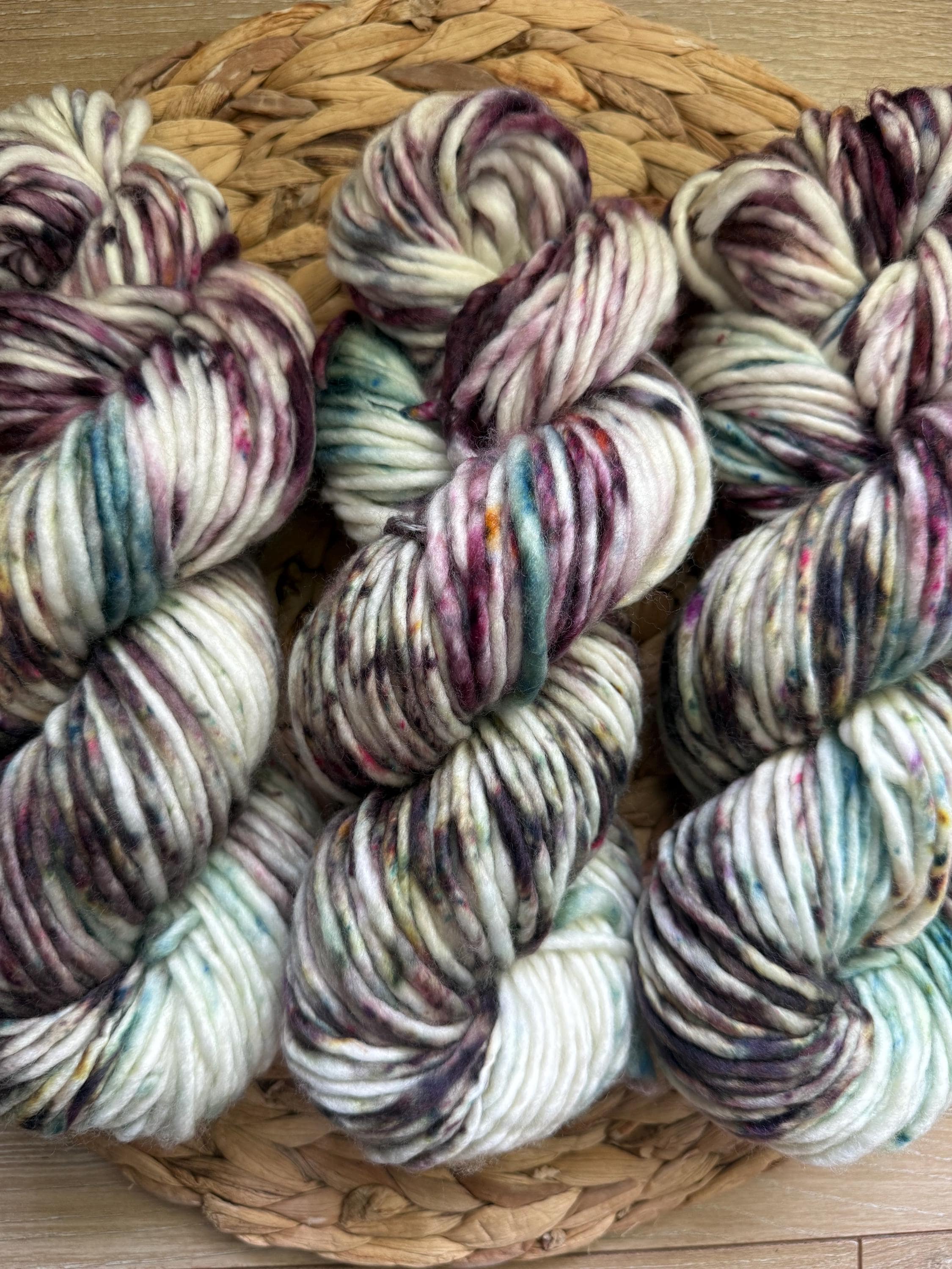 Wild thistle light bulky hand dyed bulky merino wool, 109 yard, 5 weight, semi solid, multicolor, indie dye, superwash