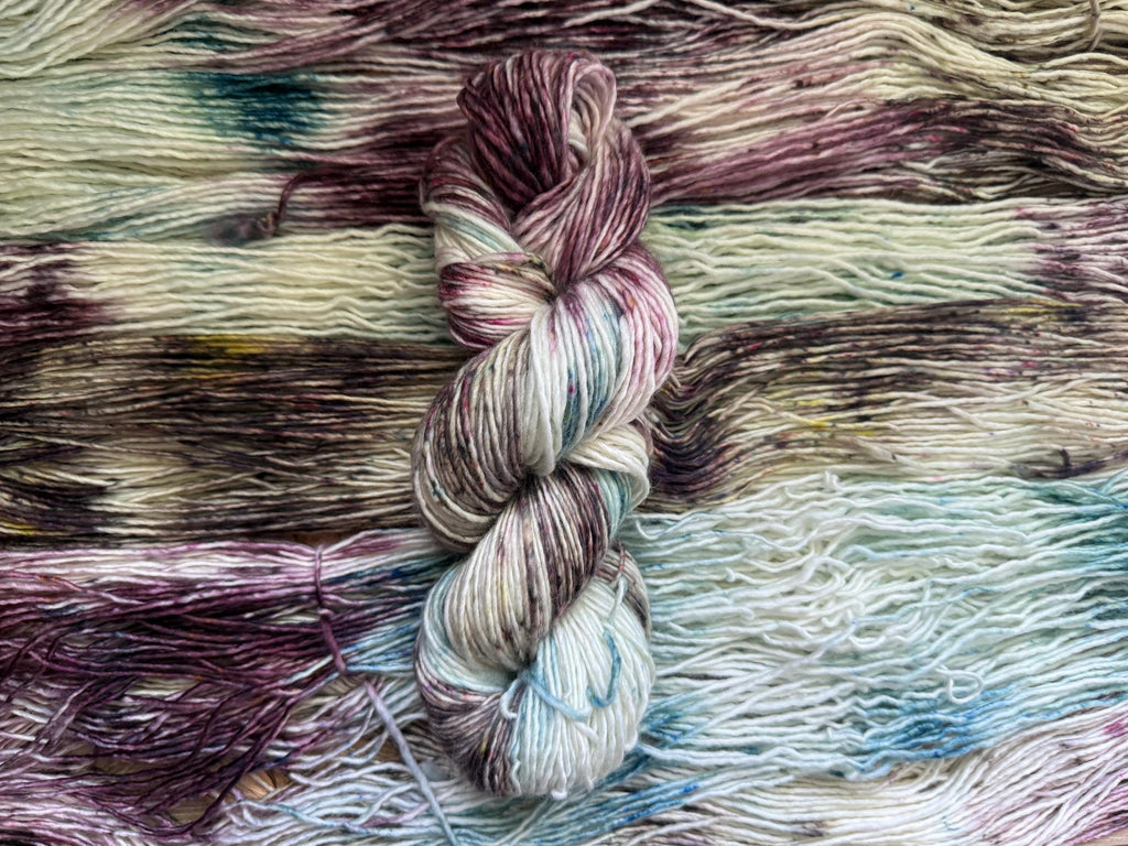 Wild thistle hand dyed yarn (worsted/aran) merino wool, superwash yarn, teal purple gold, hank of yarn , for knit crochet