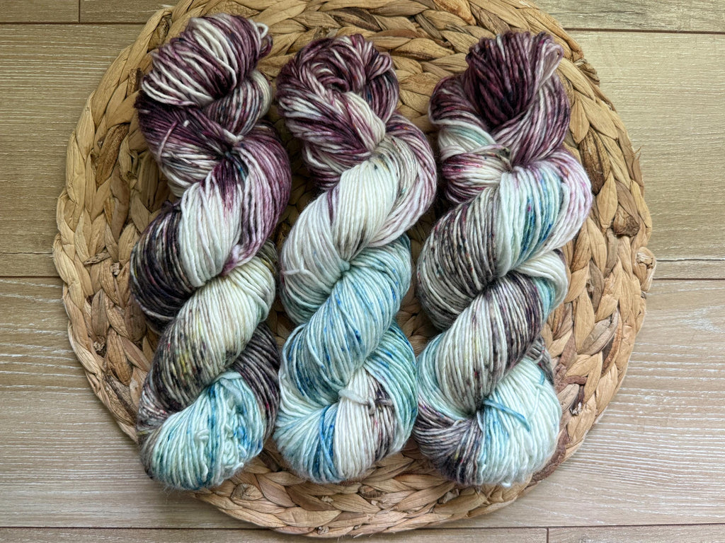 Wild thistle hand dyed yarn (worsted/aran) merino wool, superwash yarn, teal purple gold, hank of yarn , for knit crochet