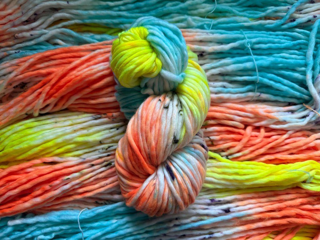 Laser tag Hand dyed super bulky merino wool, size 6 purple blue yellow orange natural, speckled, solid, multicolor, indie dye, superwash