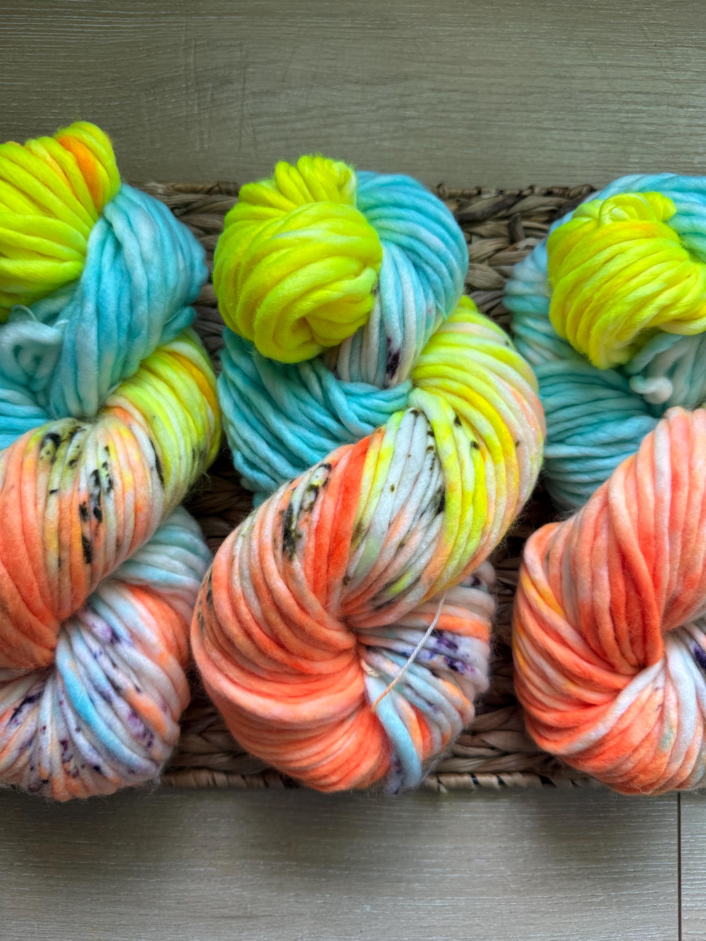 Laser tag Hand dyed super bulky merino wool, size 6 purple blue yellow orange natural, speckled, solid, multicolor, indie dye, superwash