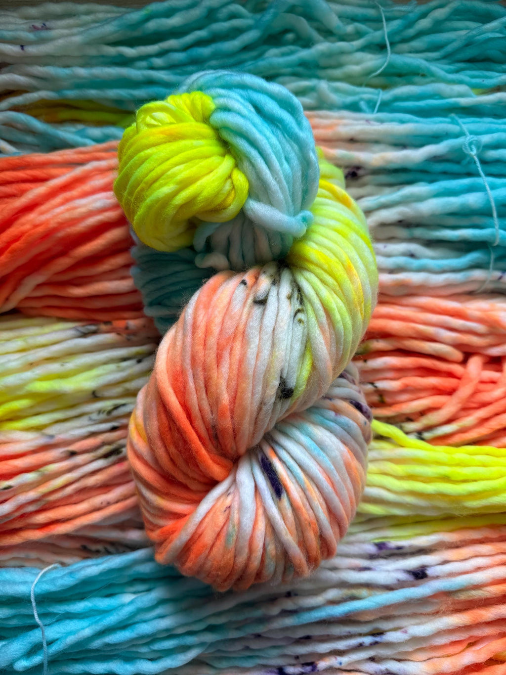 Laser tag Hand dyed super bulky merino wool, size 6 purple blue yellow orange natural, speckled, solid, multicolor, indie dye, superwash