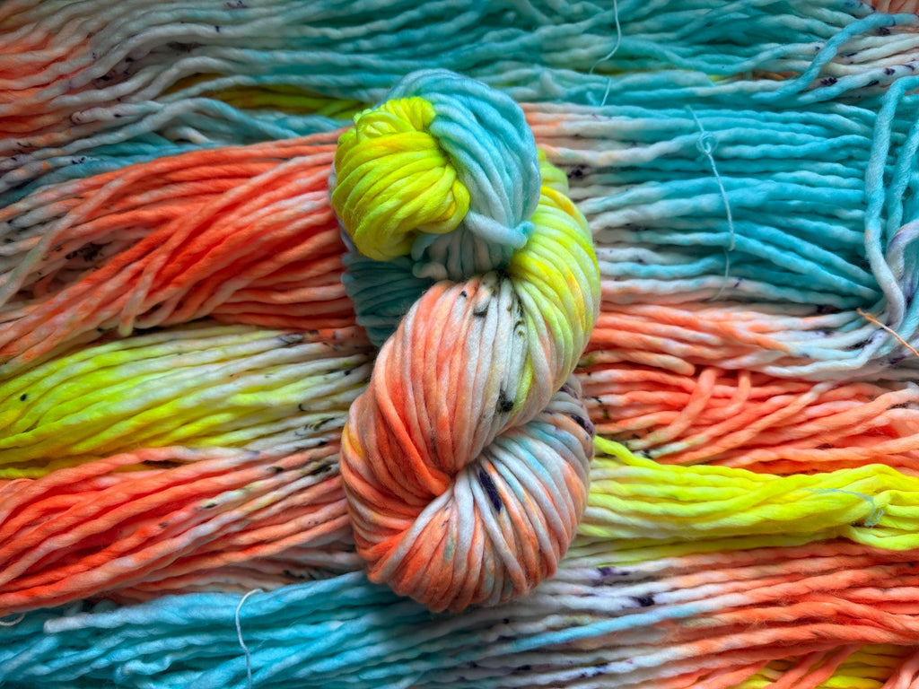 Laser tag Hand dyed super bulky merino wool, size 6 purple blue yellow orange natural, speckled, solid, multicolor, indie dye, superwash