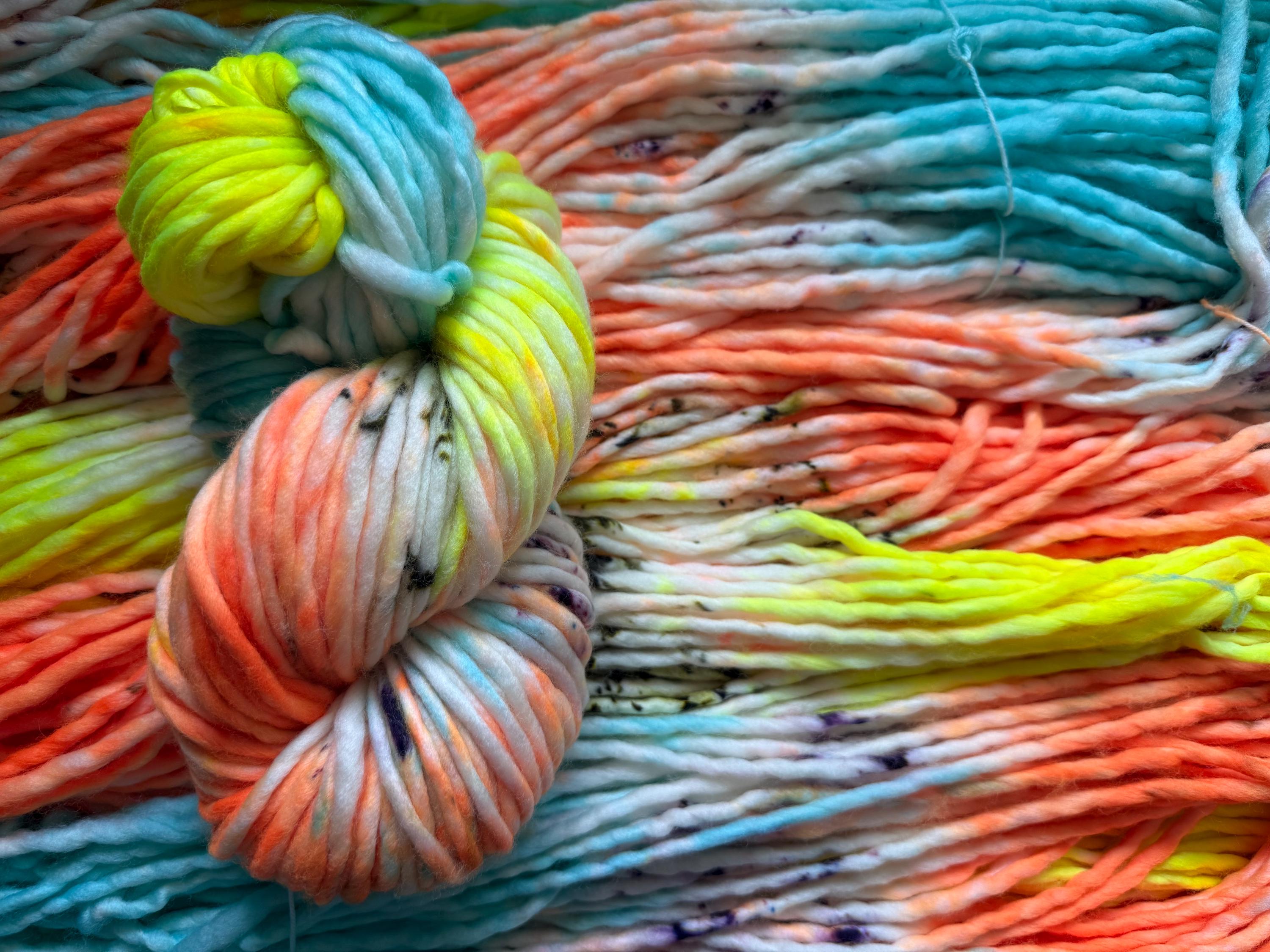 Laser tag Hand dyed super bulky merino wool, size 6 purple blue yellow orange natural, speckled, solid, multicolor, indie dye, superwash