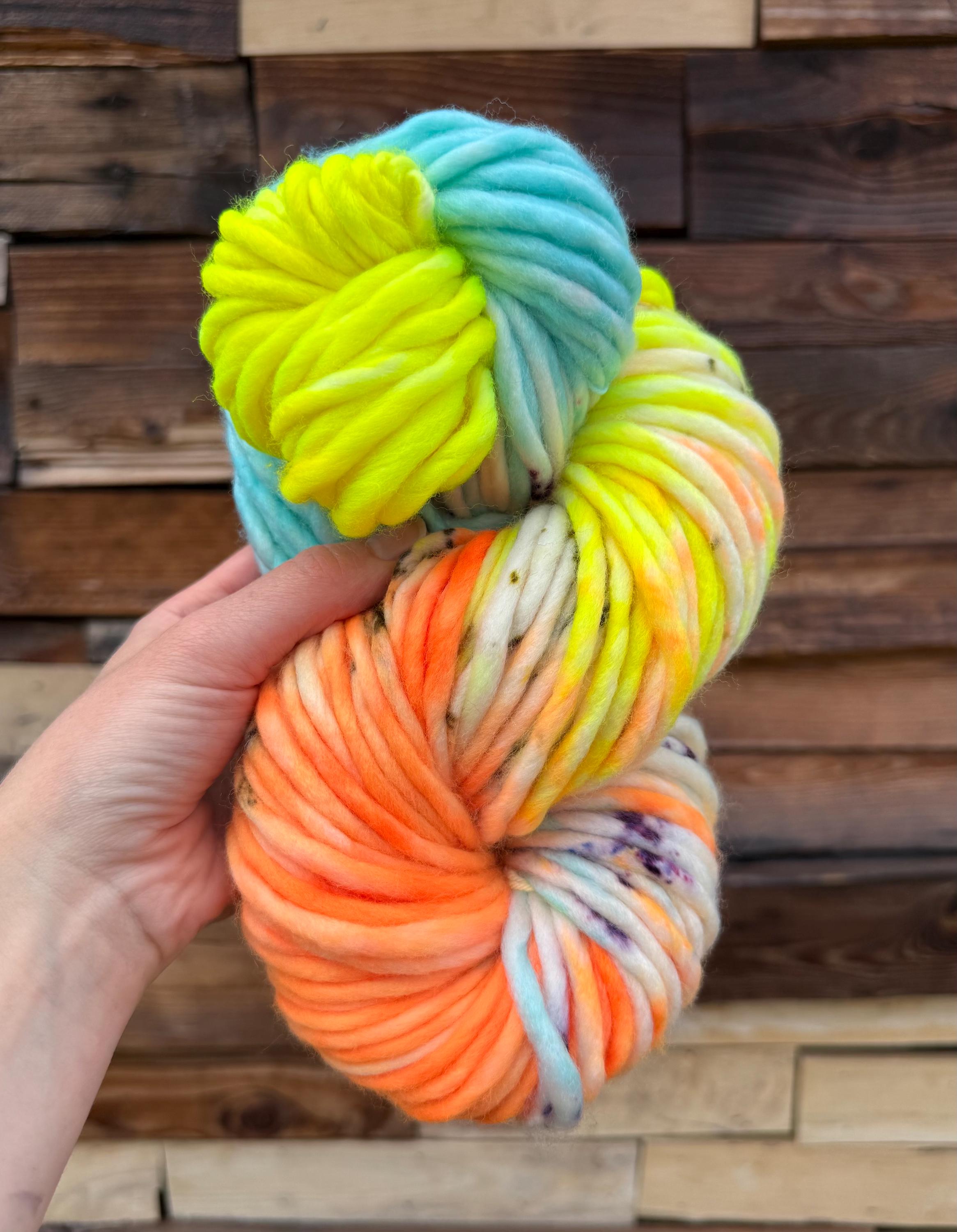 Laser tag Hand dyed super bulky merino wool, size 6 purple blue yellow orange natural, speckled, solid, multicolor, indie dye, superwash