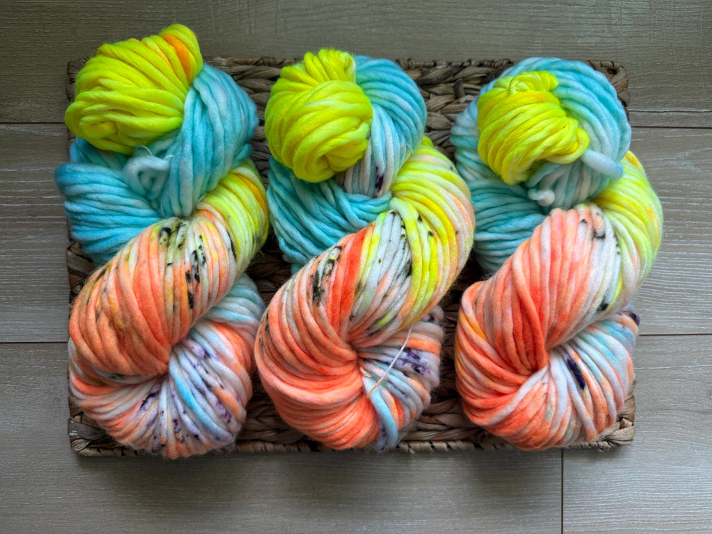 Laser tag Hand dyed super bulky merino wool, size 6 purple blue yellow orange natural, speckled, solid, multicolor, indie dye, superwash