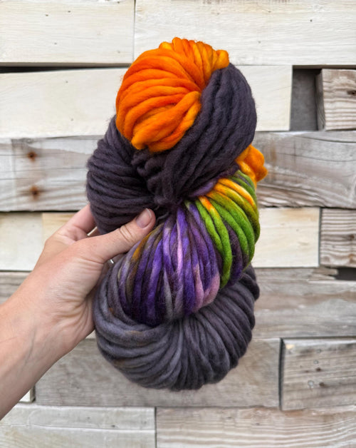 Big witch hand dyed super bulky merino wool, size 6 Halloween purple green black orange, multicolor, indie dye, superwash colorway