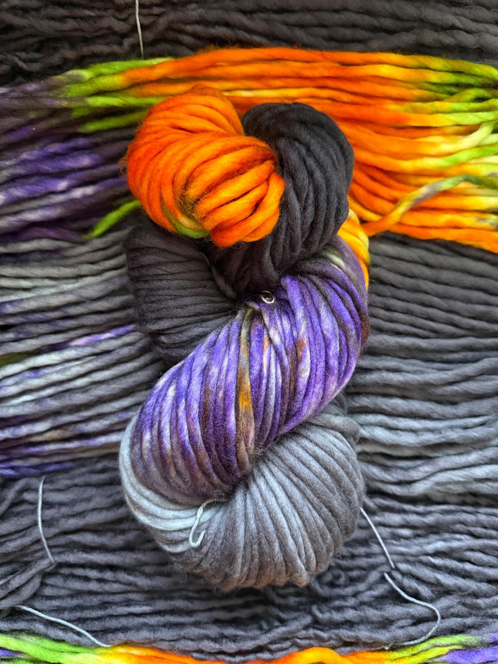 Big witch hand dyed super bulky merino wool, size 6 Halloween purple green black orange, multicolor, indie dye, superwash colorway