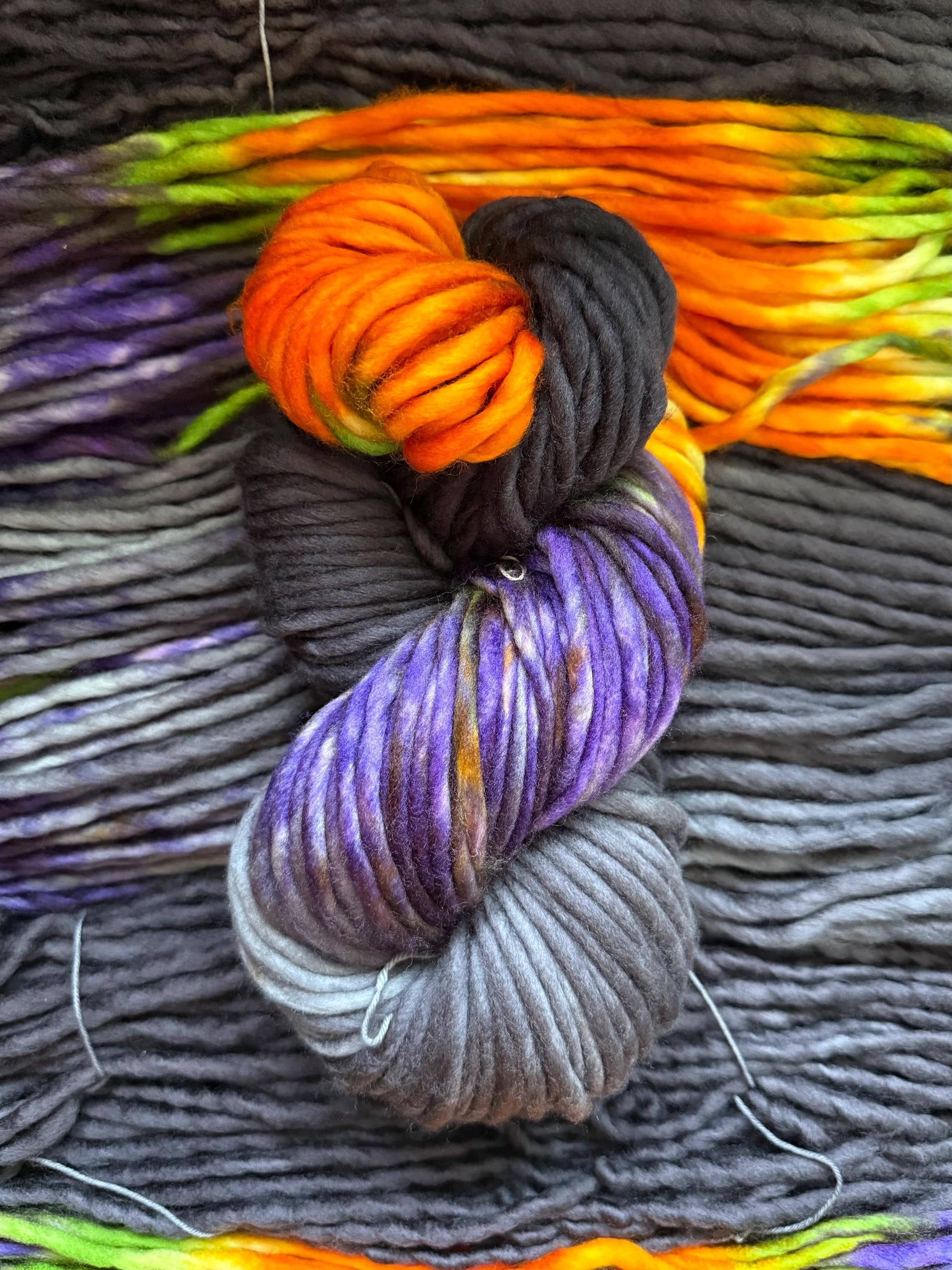 Big witch hand dyed super bulky merino wool, size 6 Halloween purple green black orange, multicolor, indie dye, superwash colorway
