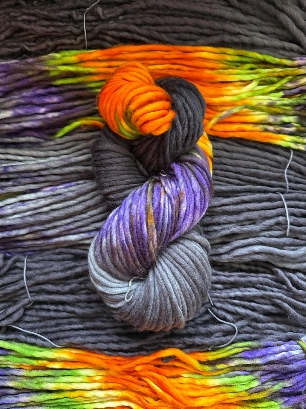 Big witch hand dyed super bulky merino wool, size 6 Halloween purple green black orange, multicolor, indie dye, superwash colorway